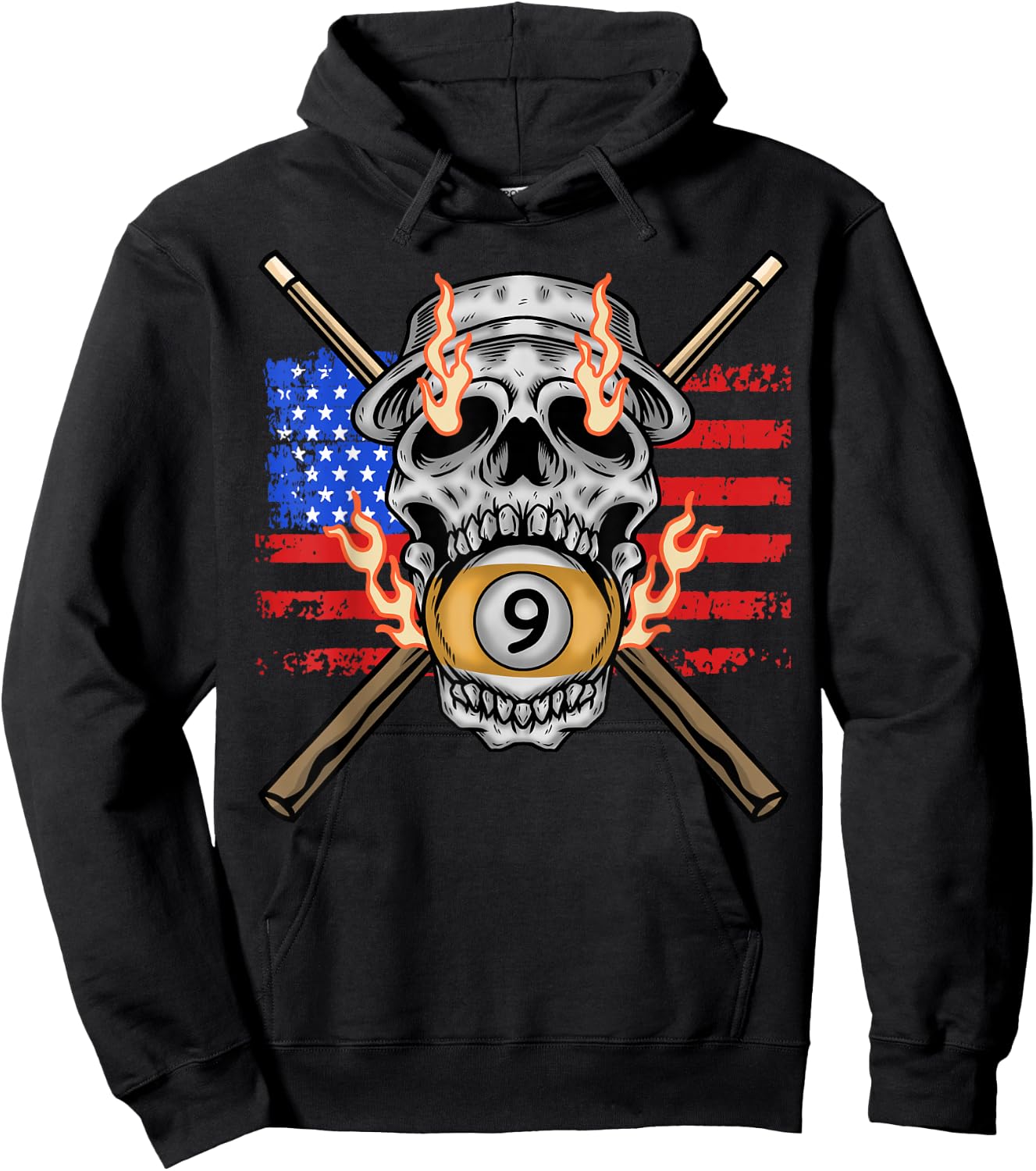 9 Ball Billiard Pool Player American Flag Skull Billiards Hoodie - Hoodie | Black
