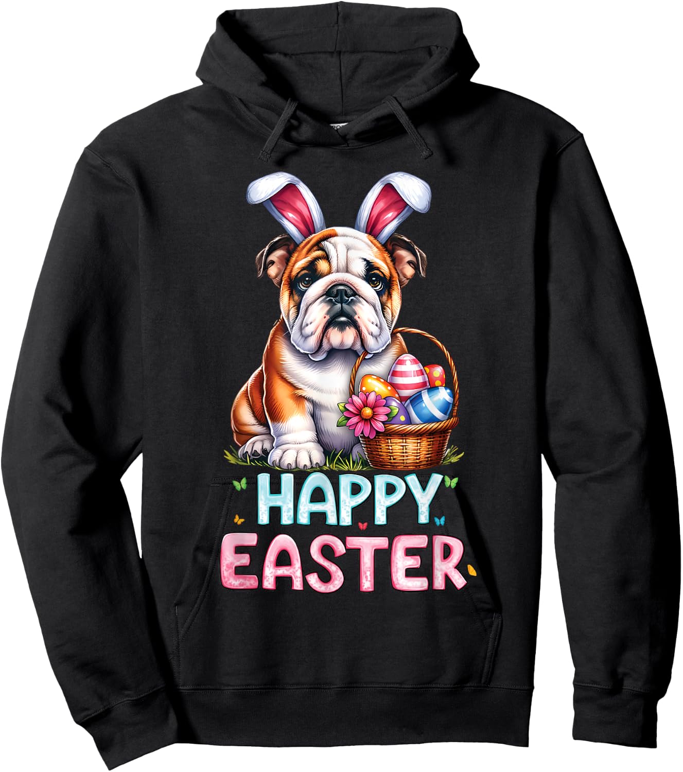 Happy Easter Day English Bulldog Cute Easter Bunny Women Kid Hoodie - Hoodie | Black