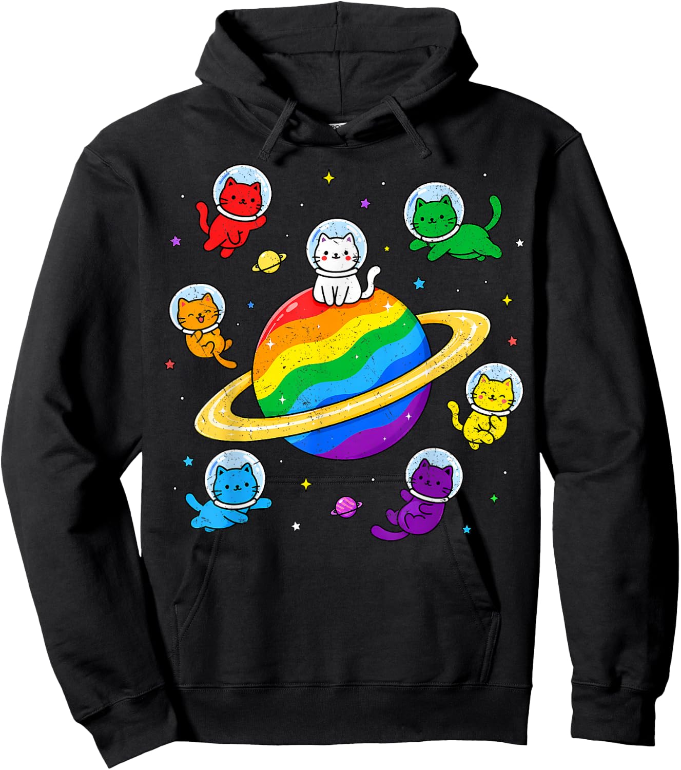 Cute Kawaii Cats Rainbow Space Cat LGBTQ Flag Gay Pride Ally Hoodie - Hoodie | Black