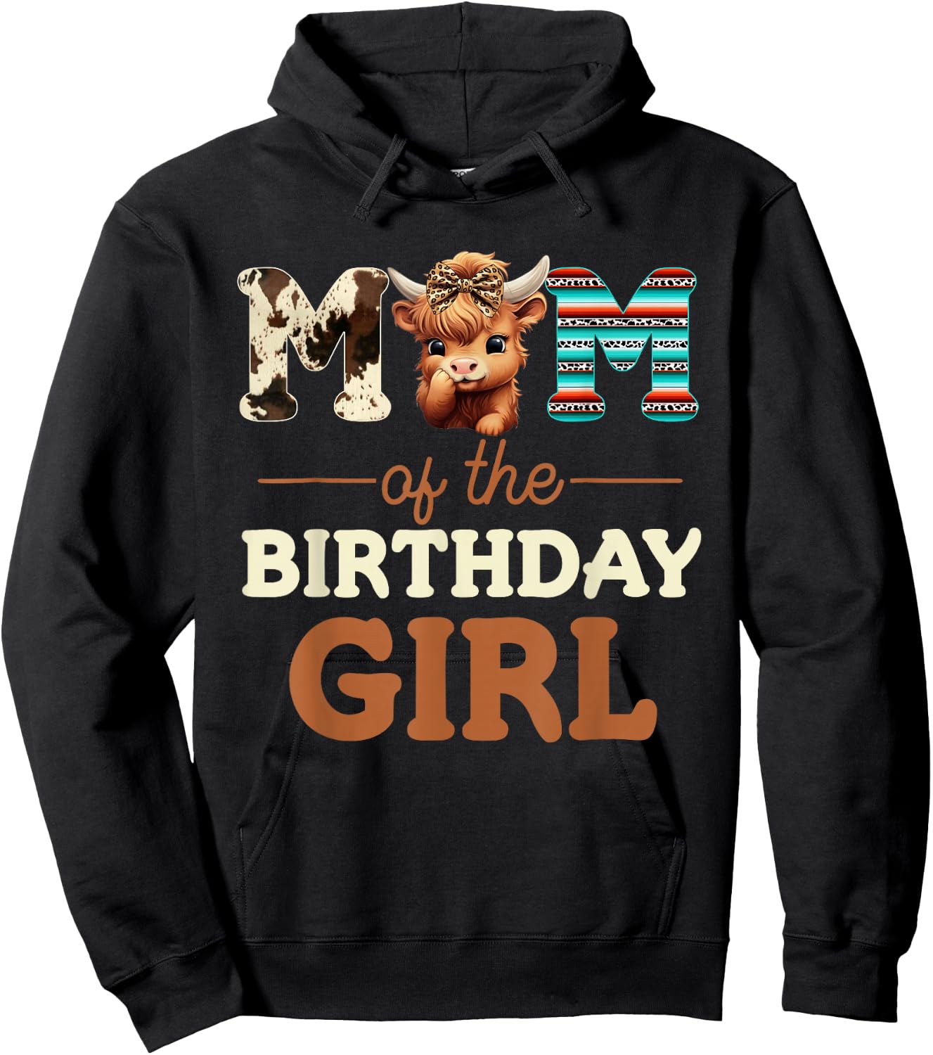 Mom of The Birthday Girl Highland Cow Print First Bday Hoodie - Hoodie | Black