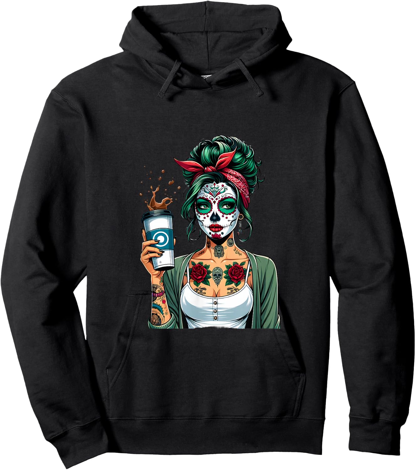 Retro Woman Diva Coffee Skull Make-Up Vintage Pin-Up Hoodie - Hoodie | Black