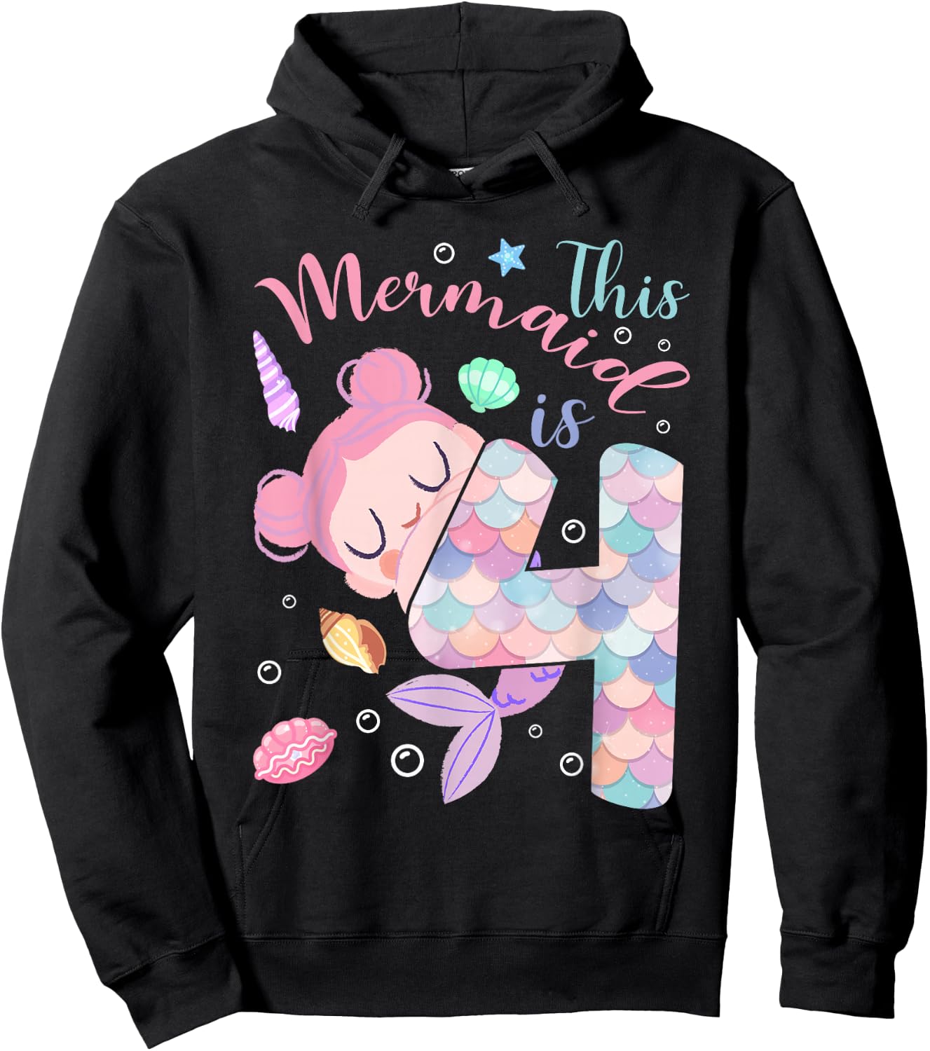 This Mermaid Is 4 Year Old Birthday Kids Girls 4th Birthday Hoodie - Hoodie | Black