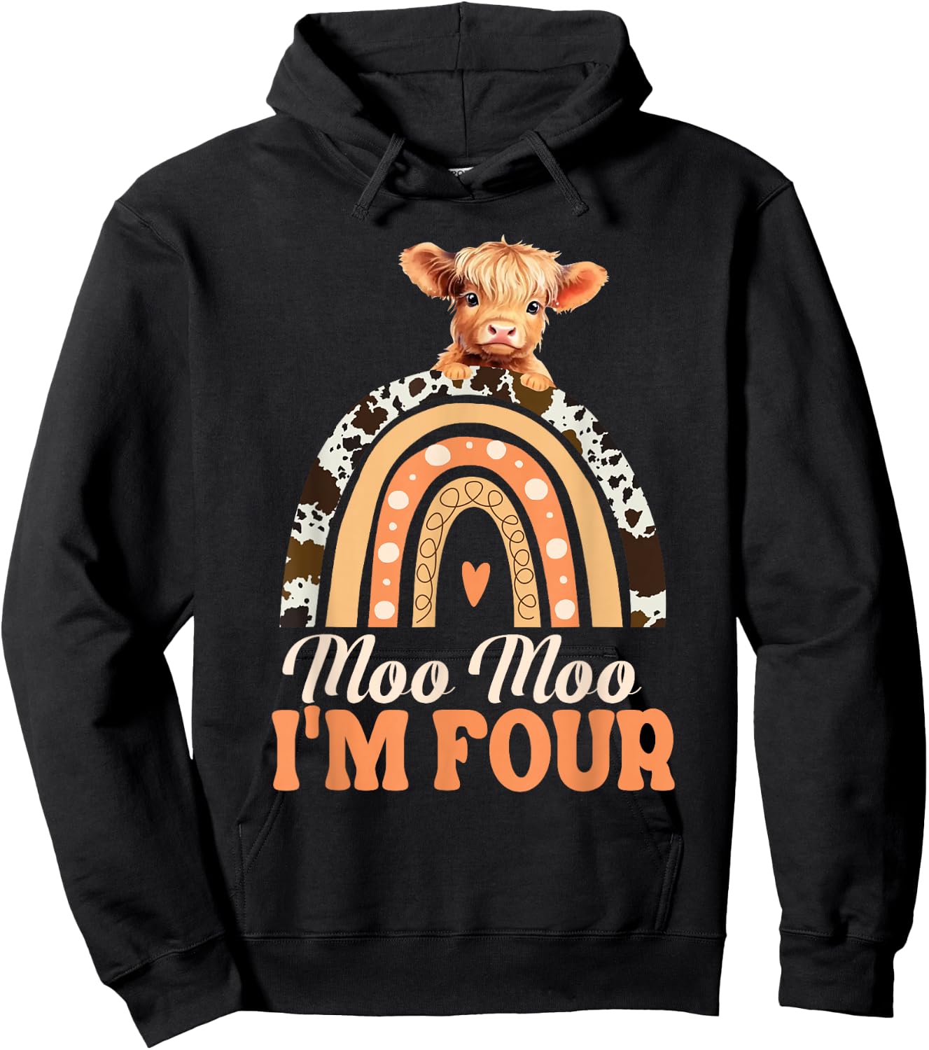 Moo Moo Im Four Birthday Decorations Highland Cow 4th Bday Hoodie - Hoodie | Black