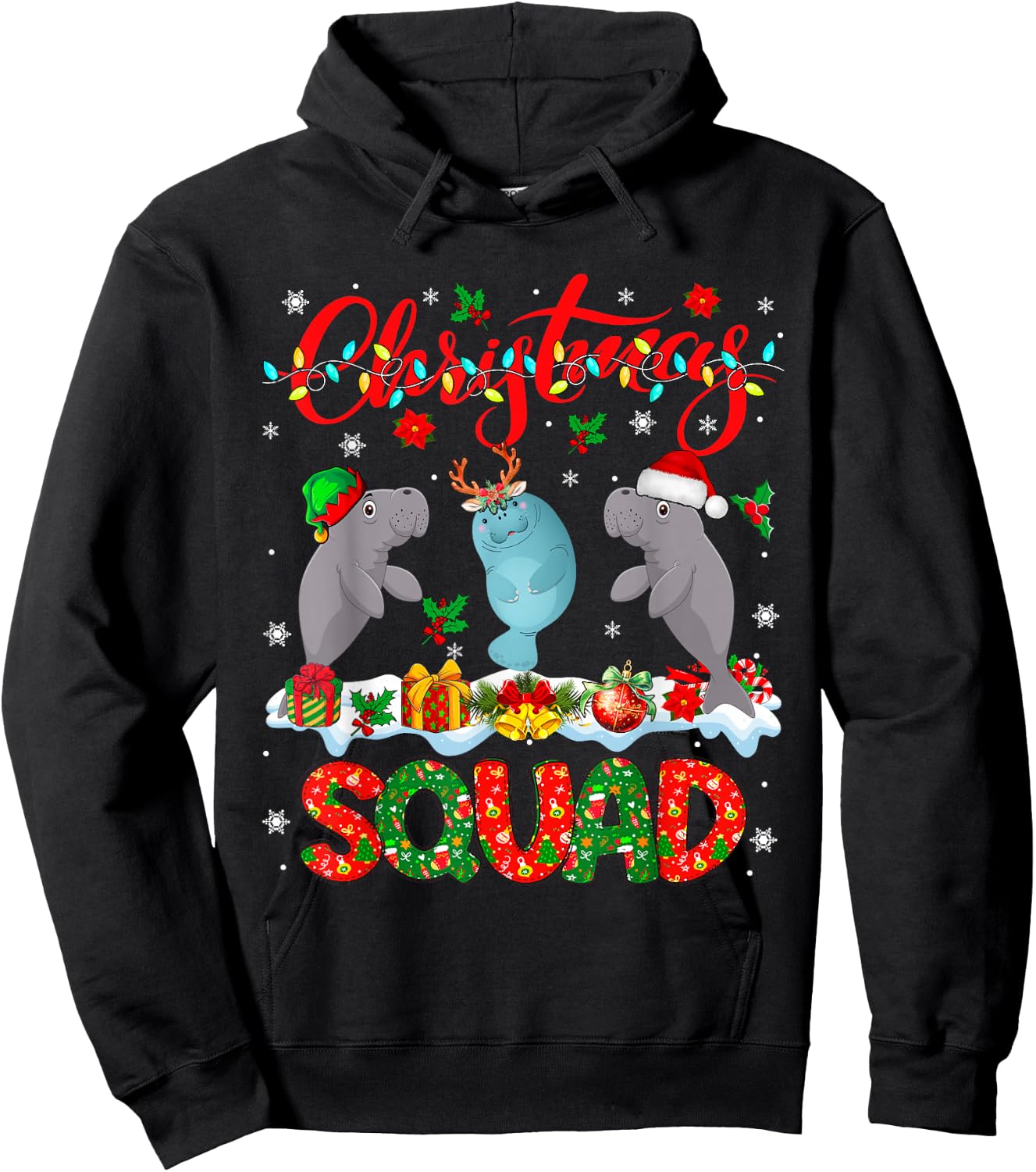 Christmas Squad Three Santa Reindeer Elf Manatees Xmas Hoodie - Hoodie | Black