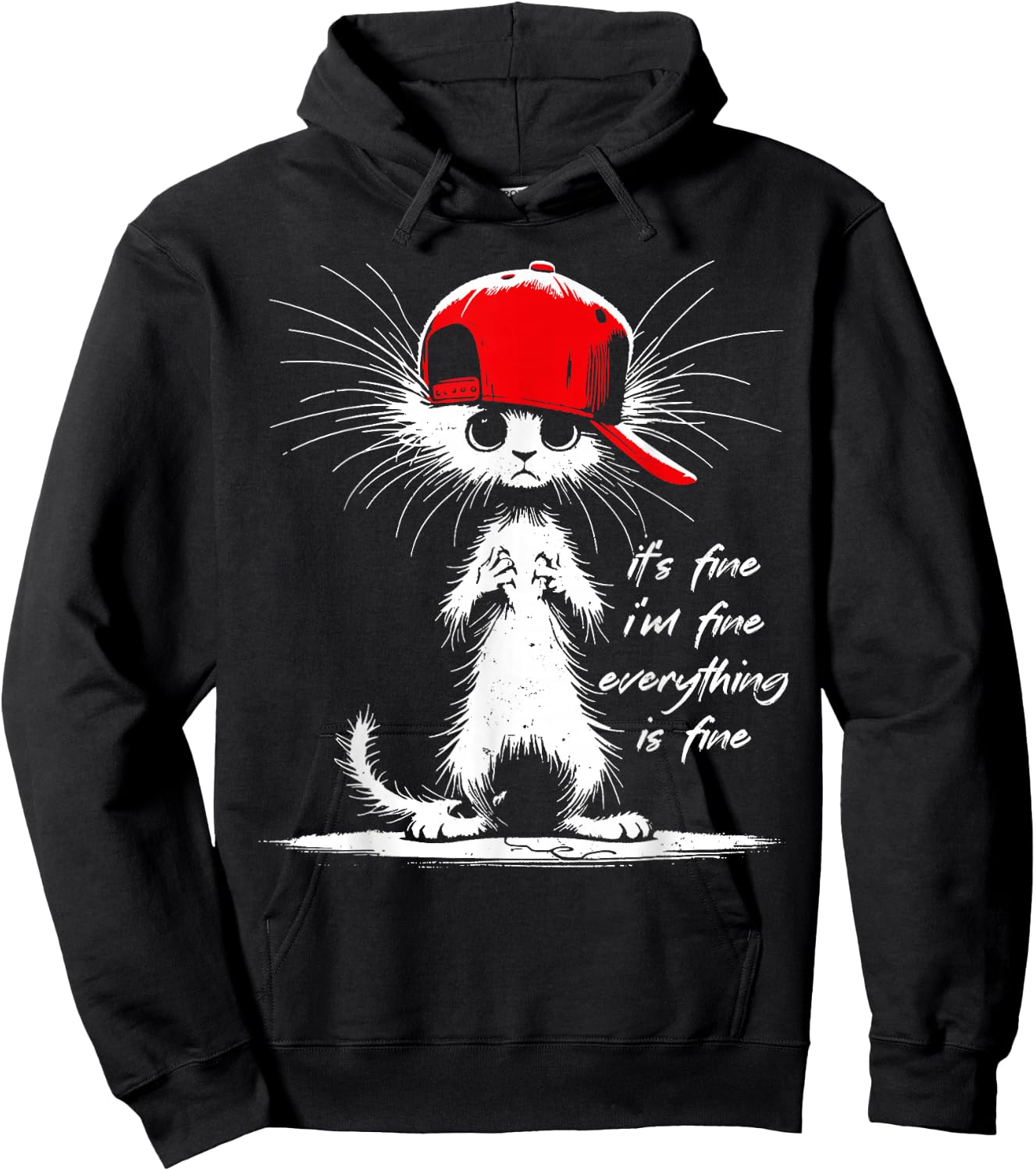 White Cat It's Fine I'm Fine Everything Is Fine Funny Hoodie - Hoodie | Black
