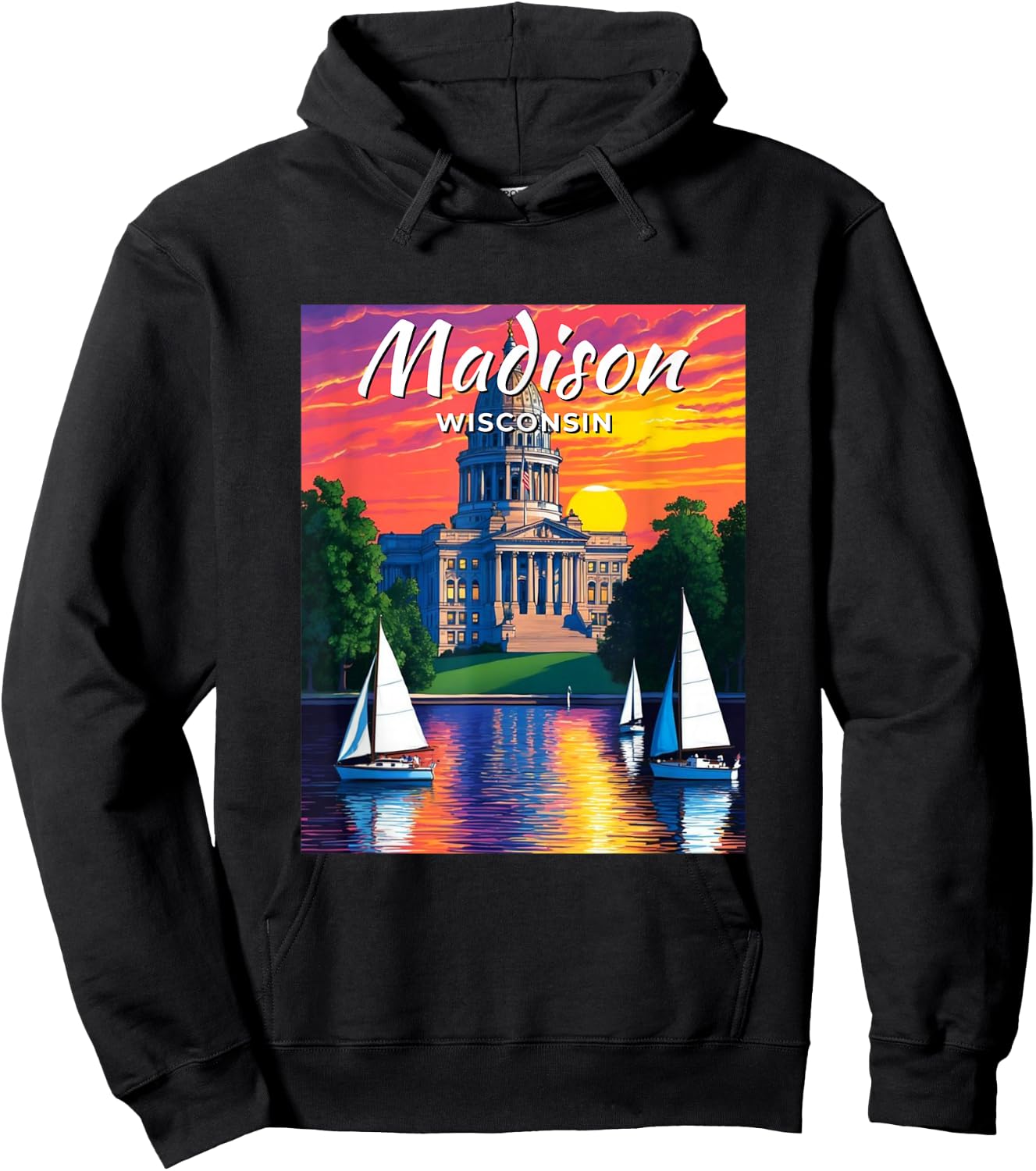 Madison Skyline Wisconsin State Capitol Sailboats Vintage Hoodie - Hoodie | Black