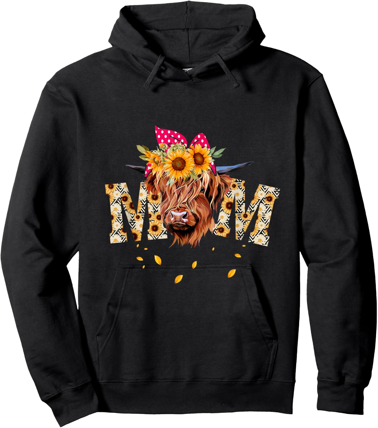 Vintage Sunflower Highland Cow Mom Heifer Mom Messy Bun Mom Hoodie - Hoodie | Black