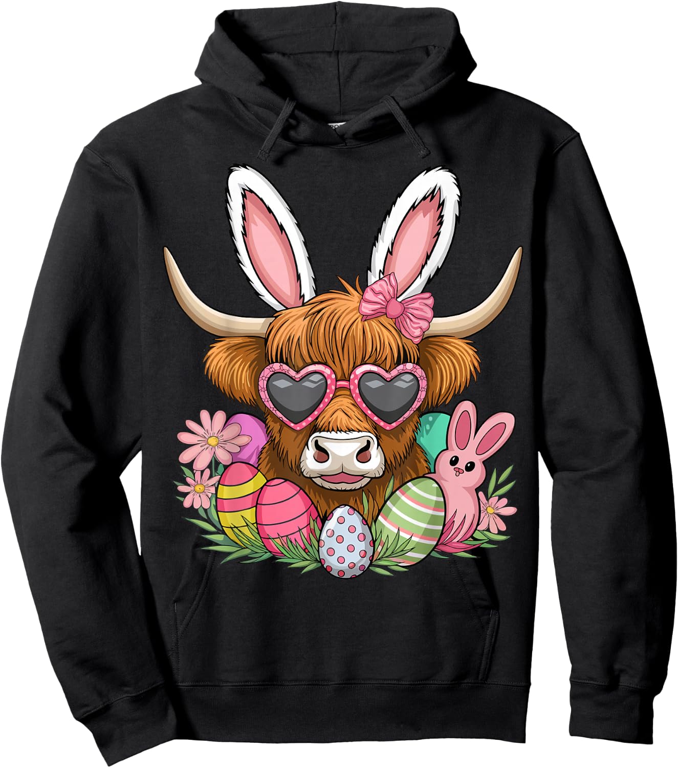 Easter Bunny Highland Cow Farmer Women Girls Easter Day Hoodie - Hoodie | Black