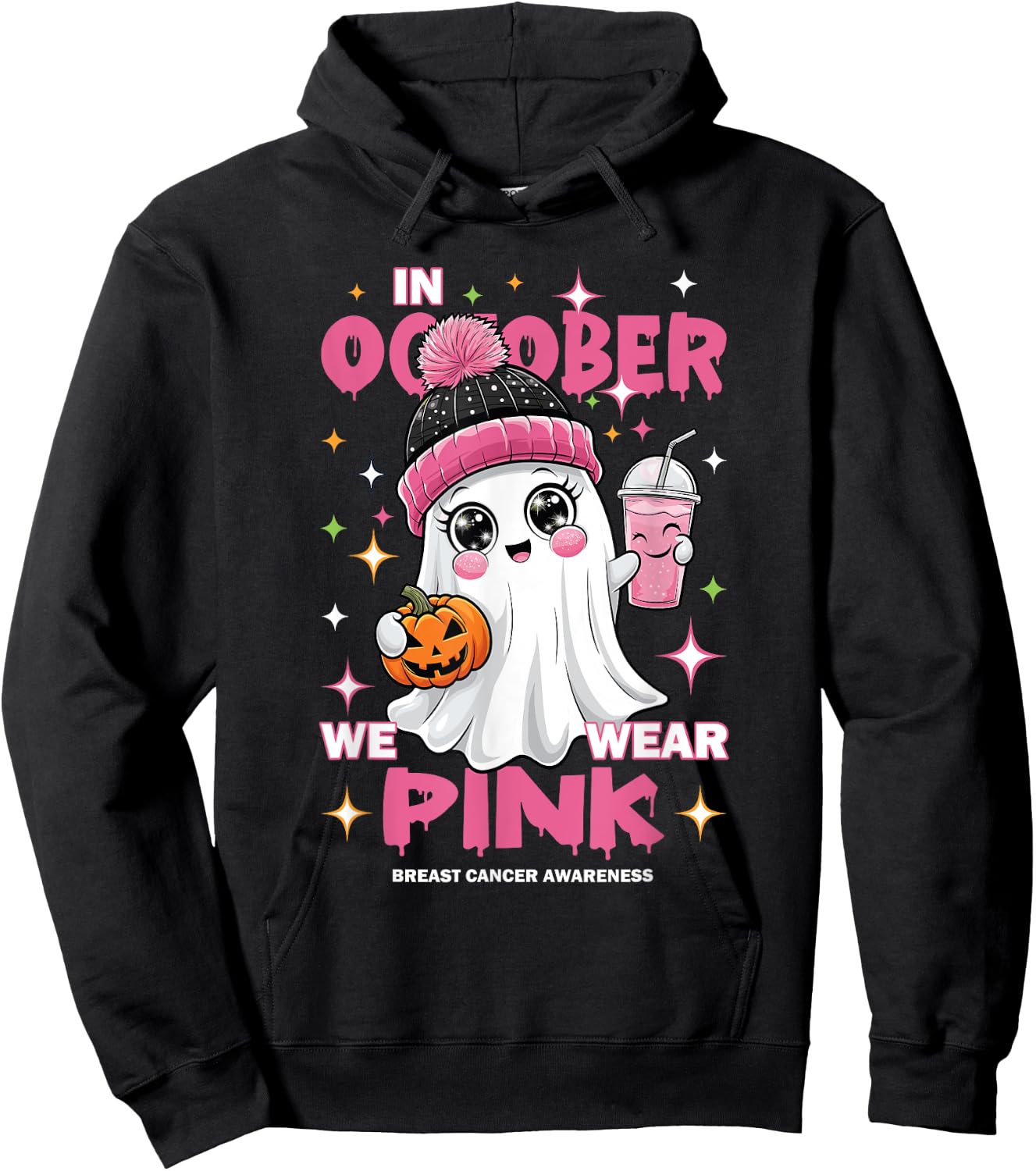 Pink October Halloween Ghost Breast Cancer Awareness Hoodie - Hoodie | Black
