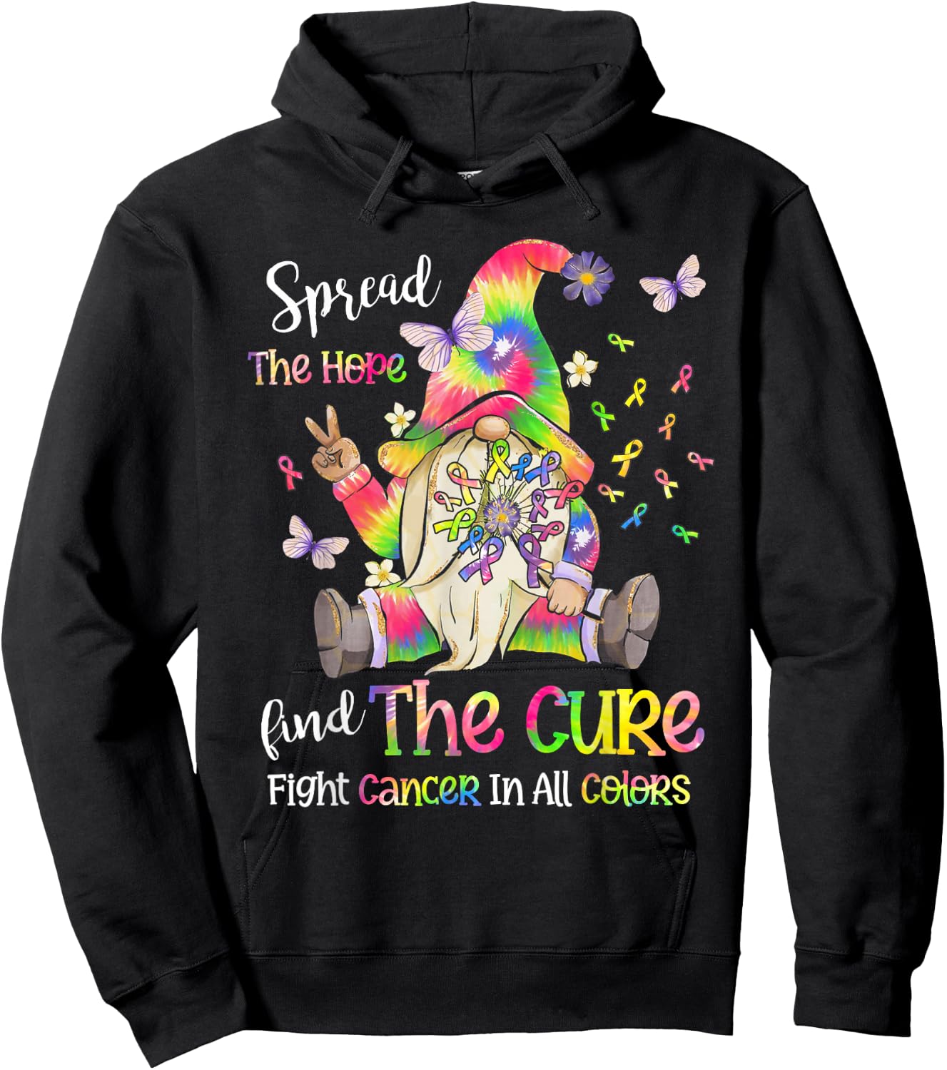 Fight Cancer In All Color Gnome Fight Cancer Ribbons Hoodie - Hoodie | Black