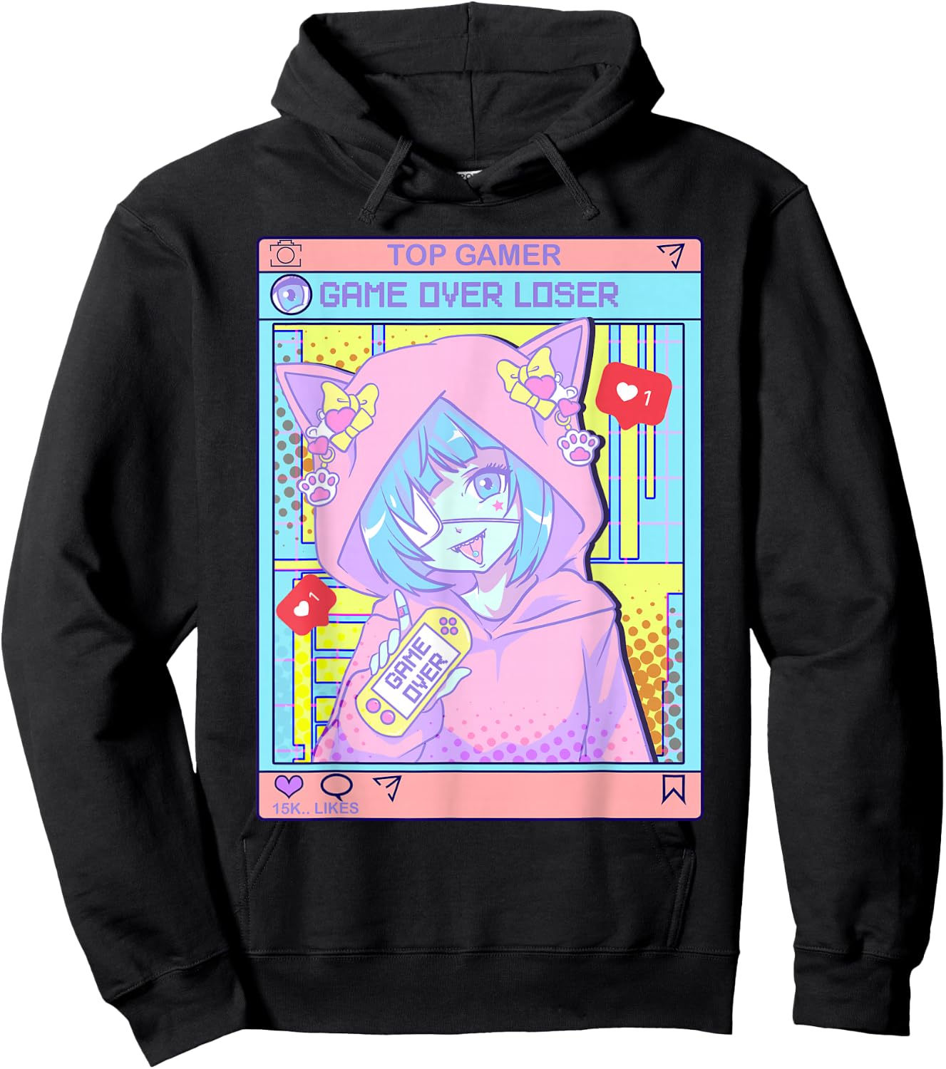 Kawaii Pastel Goth Girl Anime Gamer Game Over Loser Hoodie - Hoodie | Black