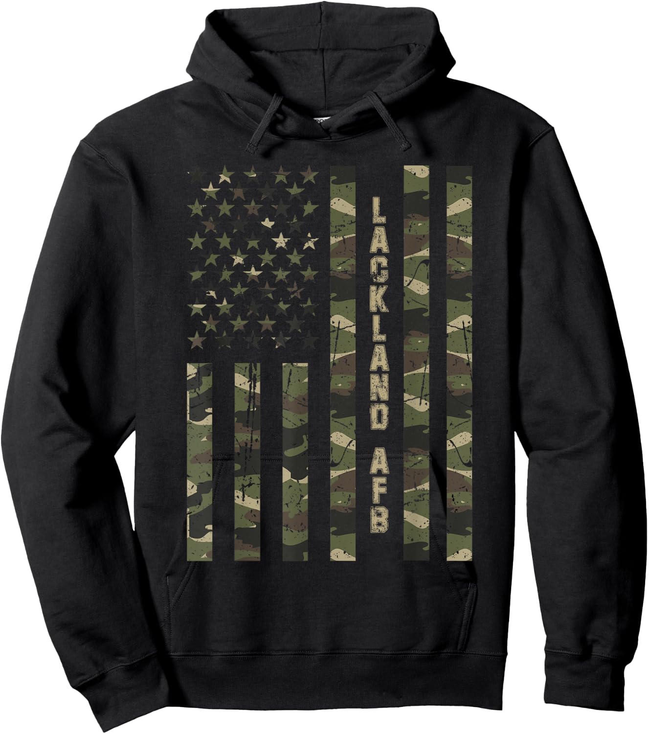 Lackland AFB United States Distressed Camo w US Flag Hoodie - Hoodie | Black