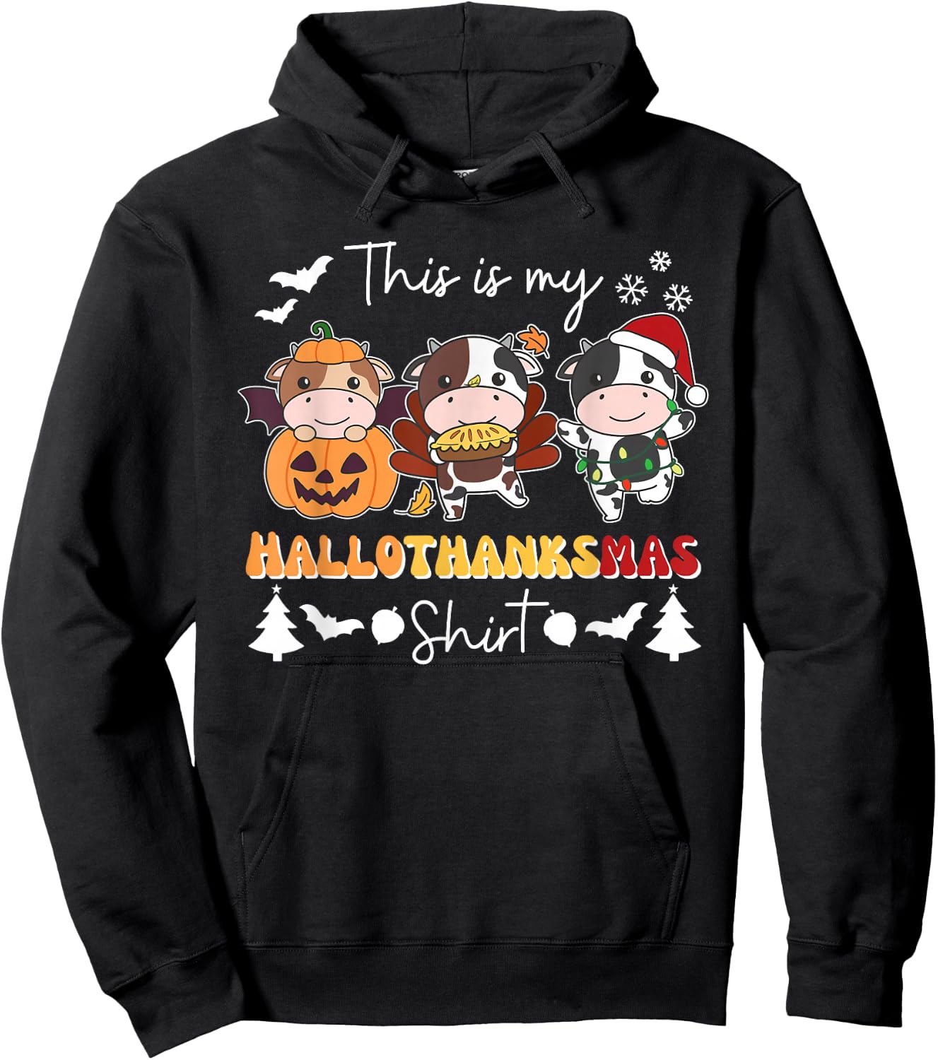 Cow Christmas Halloween This is My Hallothanksmas Hoodie - Hoodie | Black