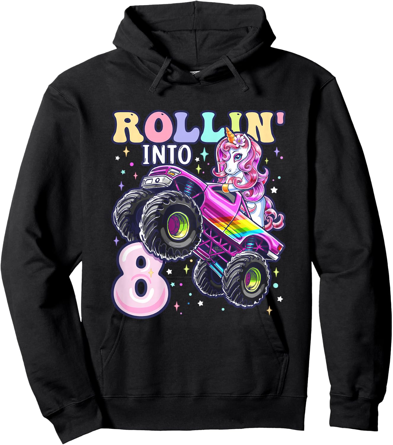 Unicorn Monster Truck 8th Birthday 8 Year Old Girls Party Hoodie - Hoodie | Black