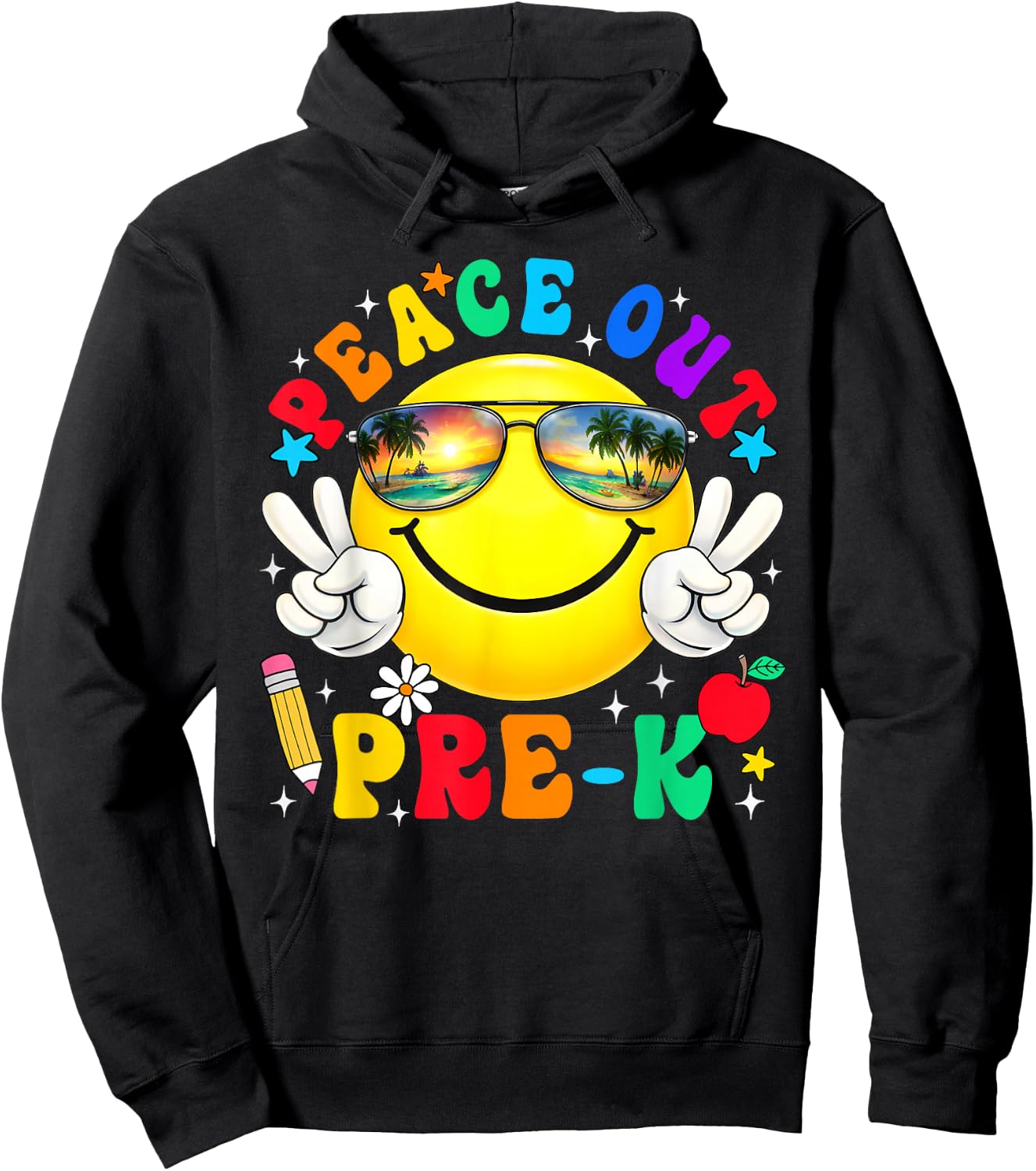 Peace Out Pre-K Last Day of School Groovy Smile Face Hoodie - Hoodie | Black