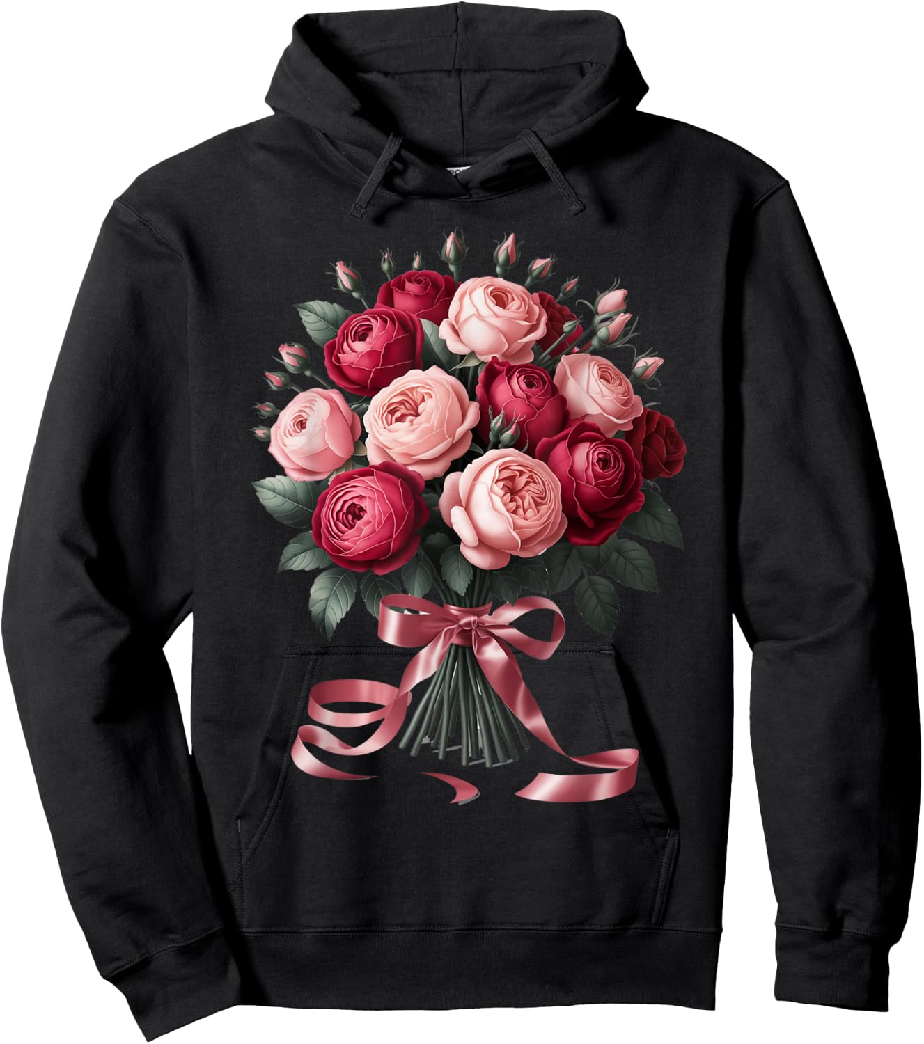 Blushing Rose Bouquet with Delicate Pink Ribbon Hoodie - Hoodie | Black
