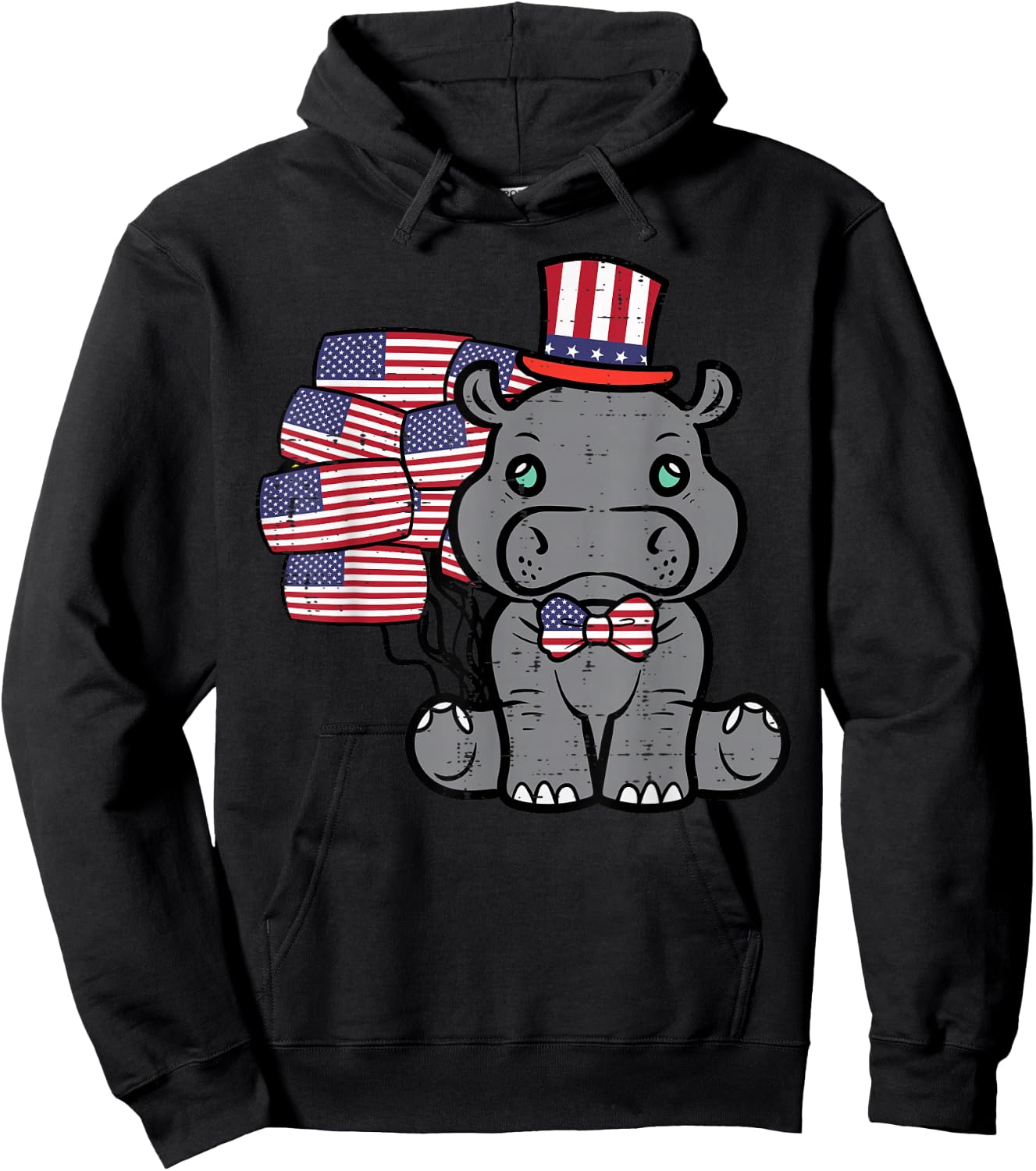 4th Of July Hippo US Flags Patriot Women Girls Boys Kids Men Hoodie - Hoodie | Black
