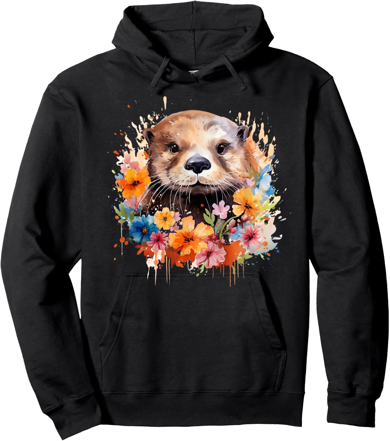 Floral Otter Face Watercolor Painting Sea Otter Portrait Hoodie - Hoodie | Black