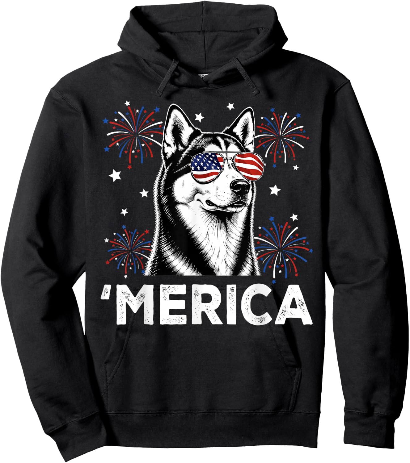 Siberian Husky Dog 'Merica Patriotic 4th of July USA Flag Hoodie - Hoodie | Black