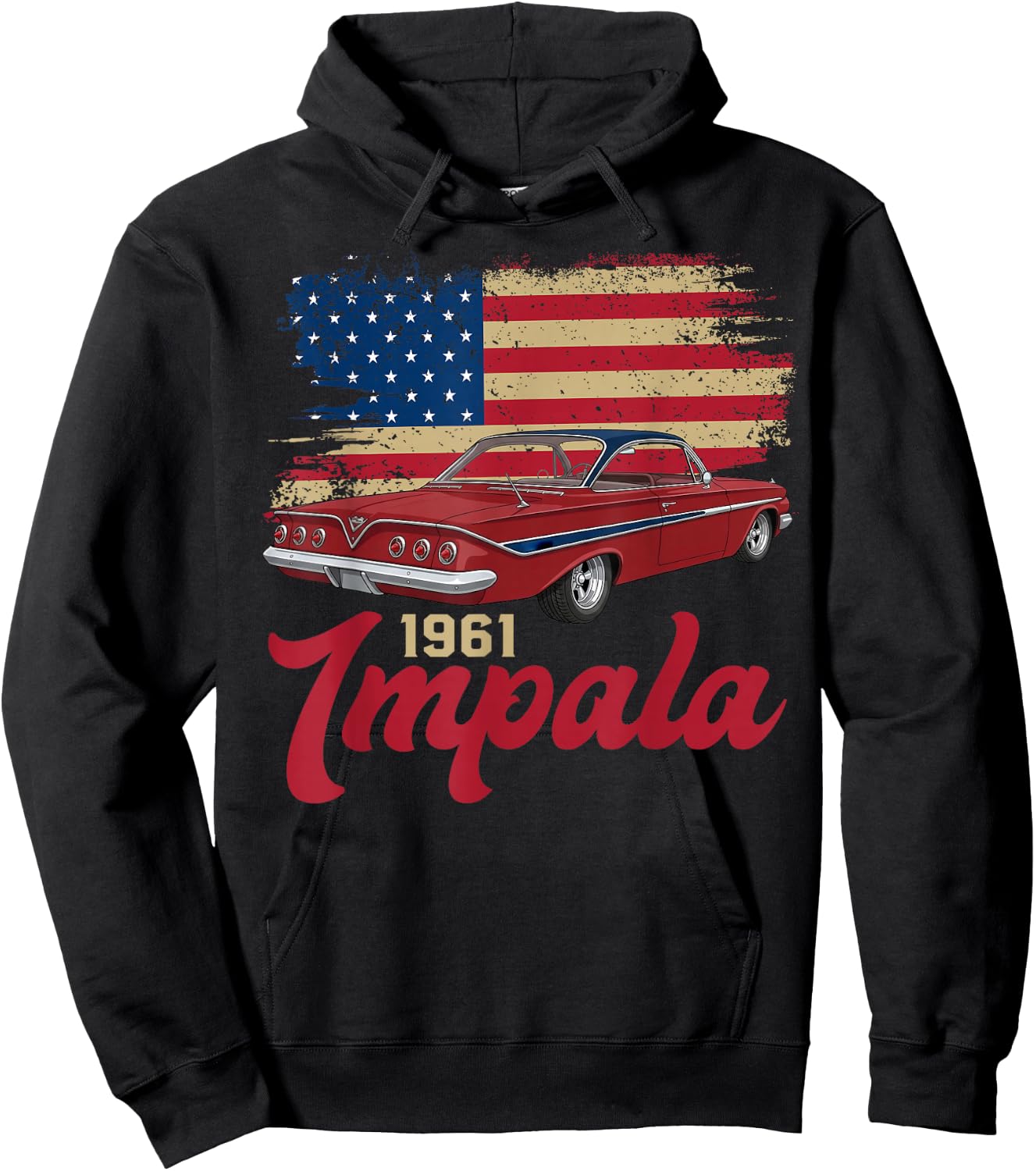 1961 61 Impala Old School Muscle Car American Flag Hoodie - Hoodie | Black