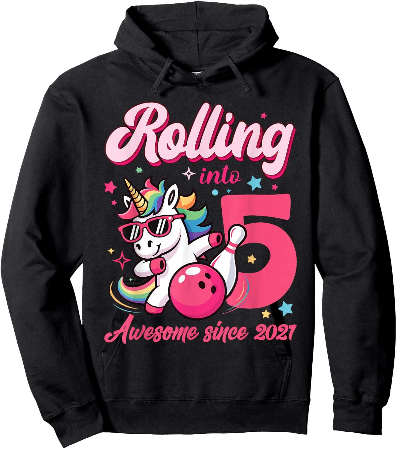Rolling Into 5 Awesome Since 2021 Unicorn Bowling Hoodie - Hoodie | Black