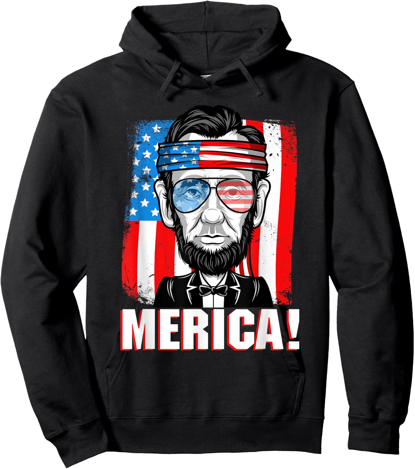Merica Abe Lincoln 4th of July USA American Flag Men Boys Hoodie - Hoodie | Black