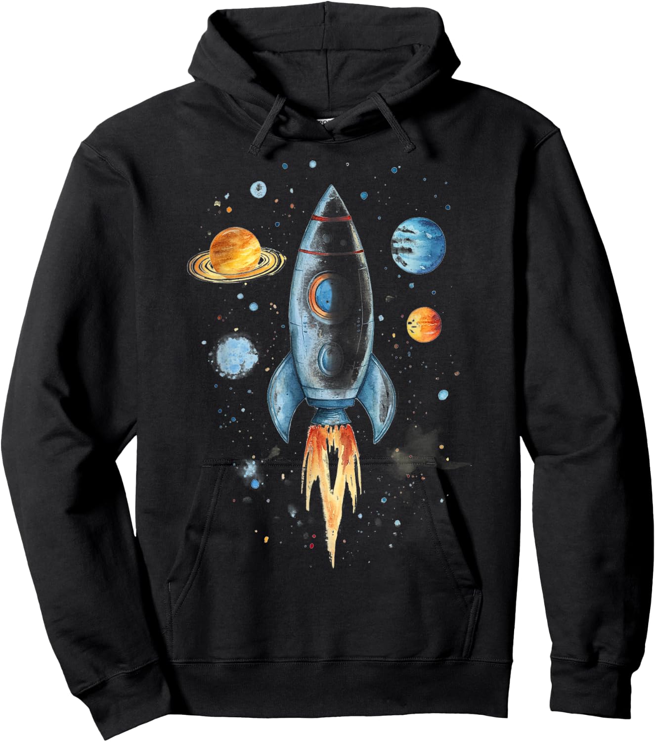 Distressed Rocket Ship And Planets Hoodie - Hoodie | Black