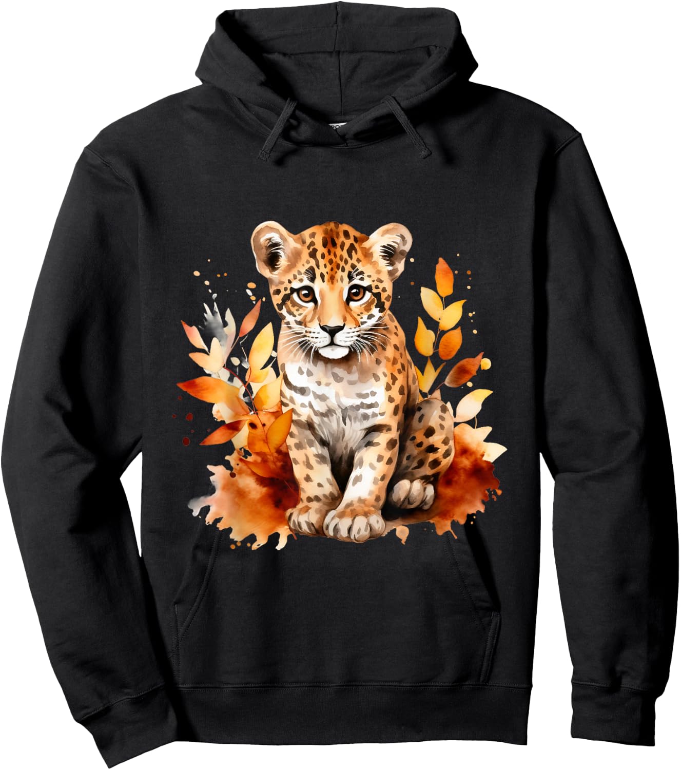 Cheetah Cub Spot Cat Autumn Baby Leopard Safari Watercolor Hoodie - Hoodie | Black