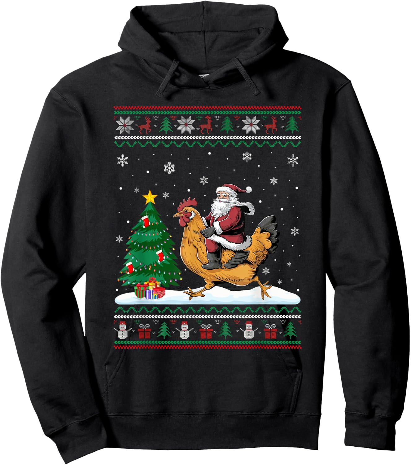 Ugly Christmas Tree Lights Xmas Santa Riding Chicken Hoodie - Hoodie | Black