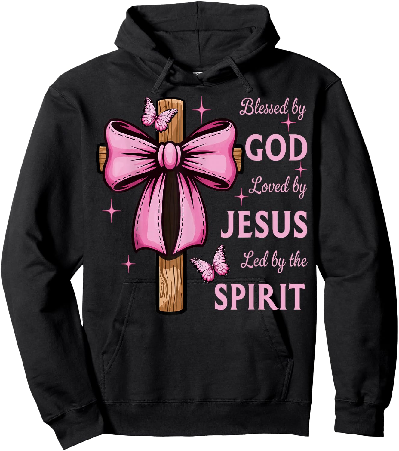 Blessed by God Loved by Jesus Pink Coquette Bow And Cross Hoodie - Hoodie | Black