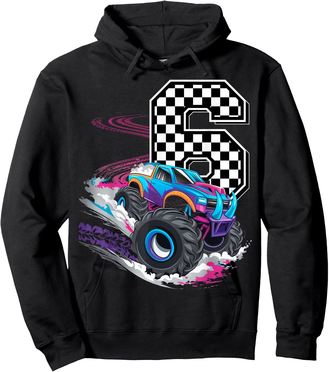 6th Birthday Monster Truck Boys 6 Six racing car flag Kids Hoodie - Hoodie | Black