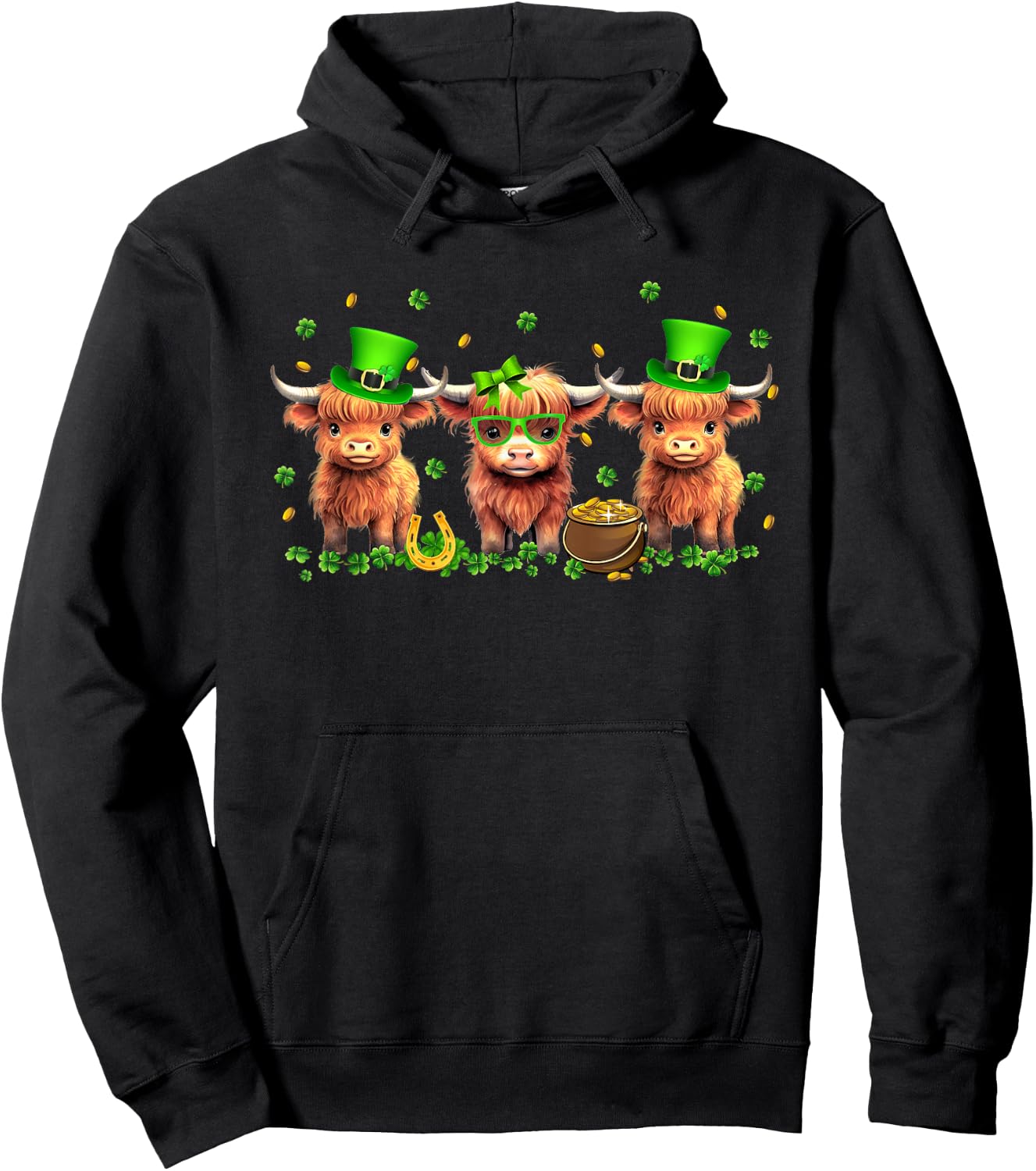 Highland Cow Print St Patricks Day Shamrock Irish Holiday Hoodie - Hoodie | Black