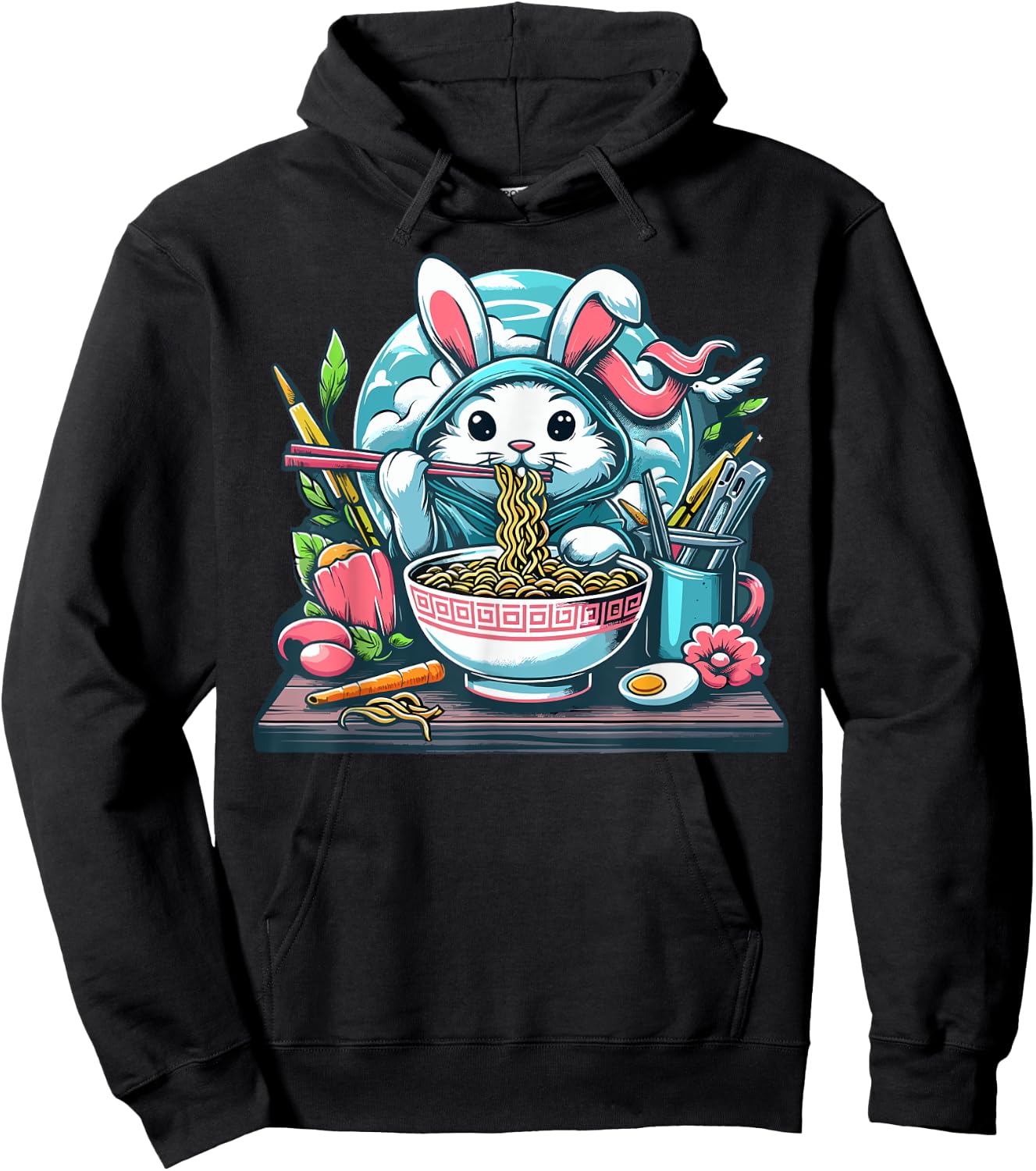 Easter Bunny Anime Eating Ramen Noodles Kawaii Rabbit Hoodie - Hoodie | Black