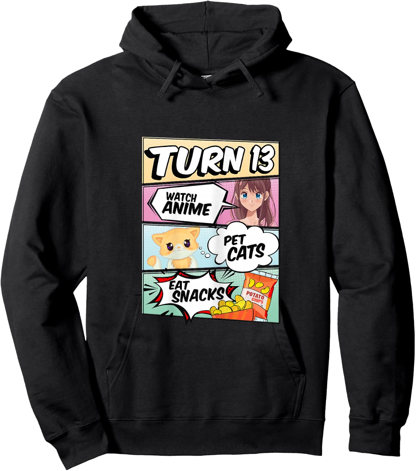 13th Birthday Anime Girl turns 13 pet cats watch anime Hoodie - Hoodie | Black