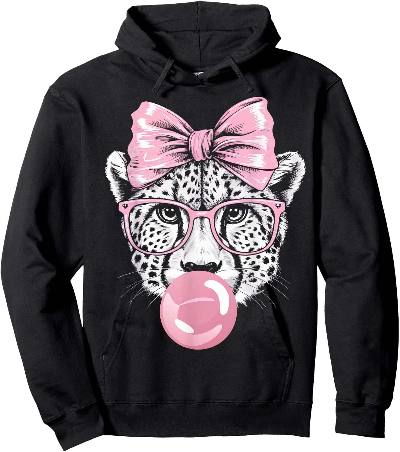 Cheetah Wearing Glasses and Blowing Pink Bubble Gum Hoodie - Hoodie | Black