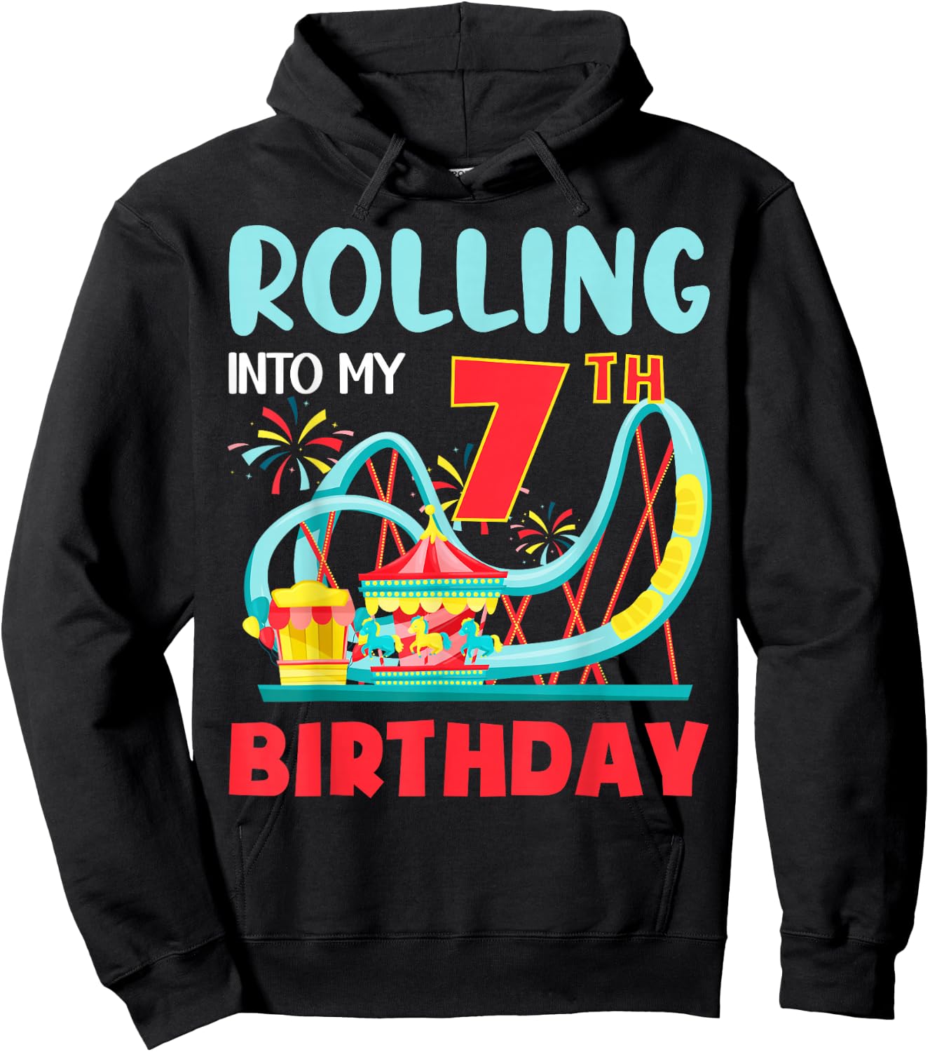 Rolling Into My 7th Birthday Roller Coaster 7 Years Old Hoodie - Hoodie | Black