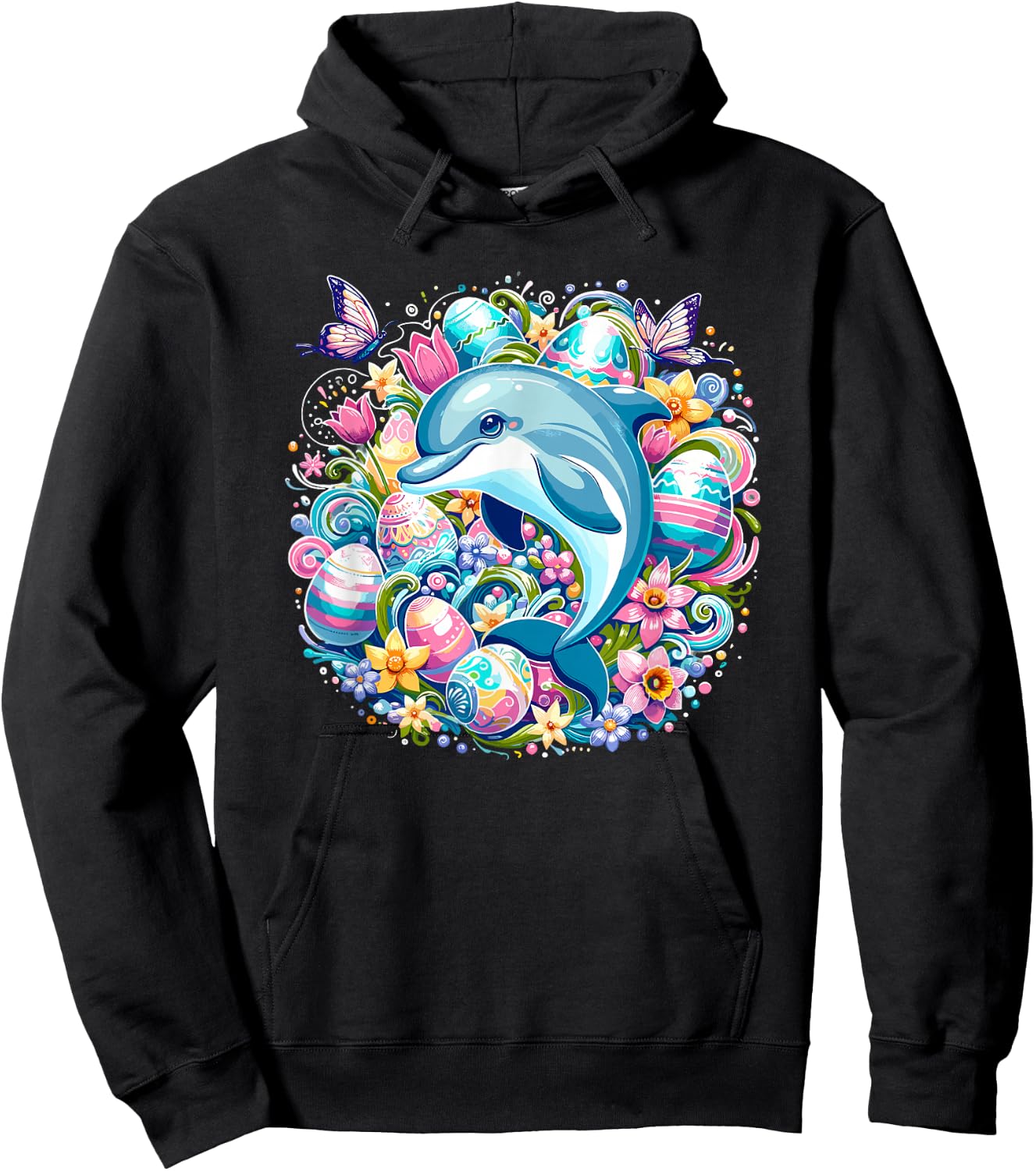 Easter Festive Illustration With Charming Dolphin Artwork Hoodie - Hoodie | Black