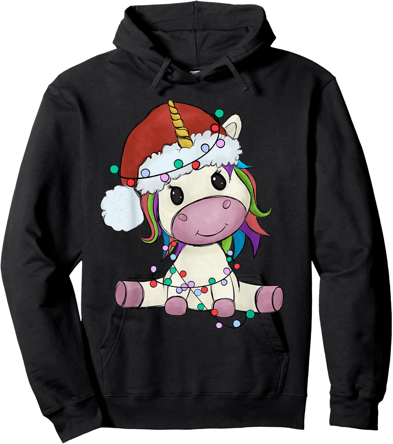 Unicorn Christmas Tree Lights Family Matching Kids Girls Hoodie - Hoodie | Black