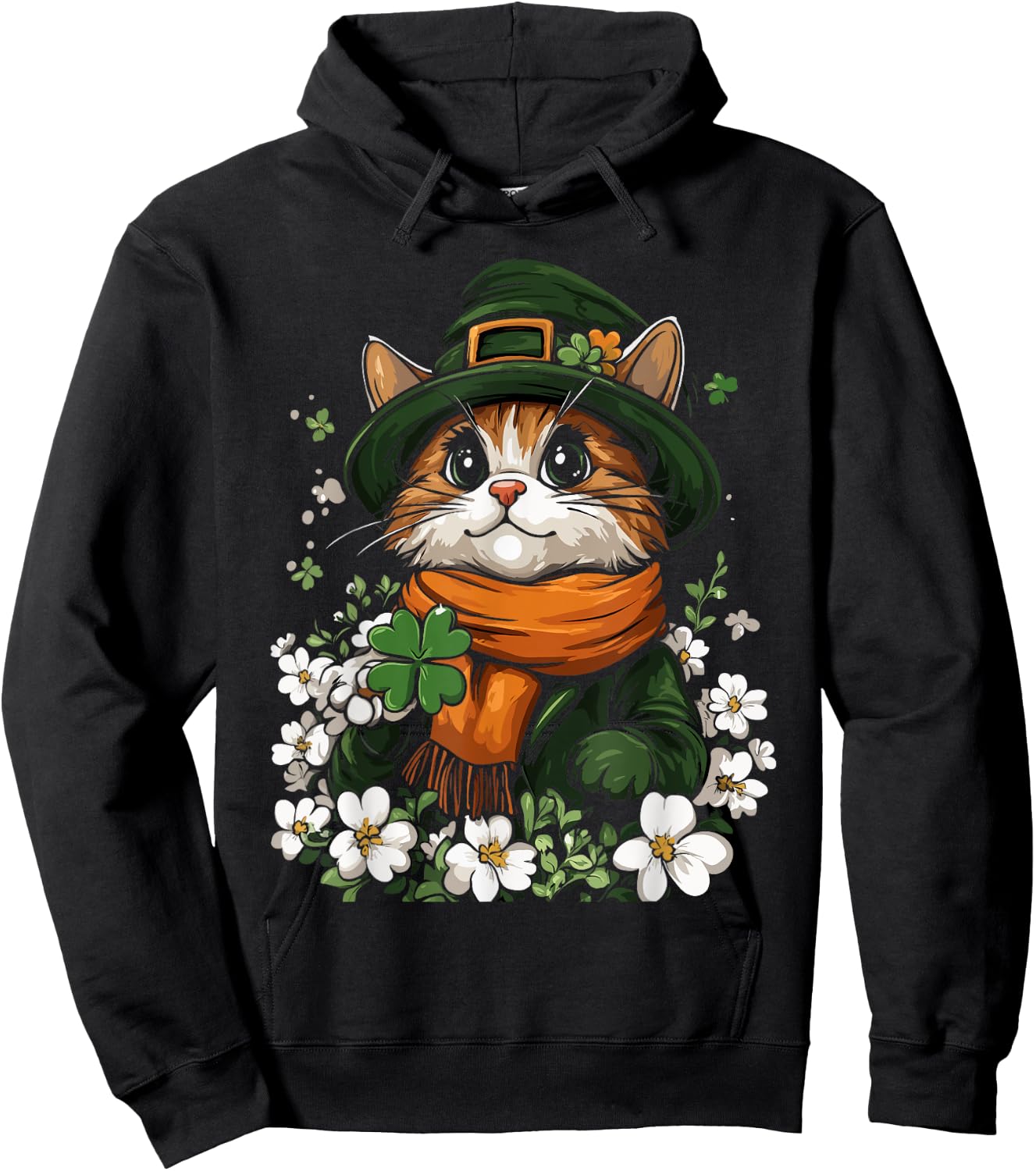 Leprechaun Cat Shamrock Girls Boys Kids St Patricks Day Cat Hoodie - Hoodie | Black