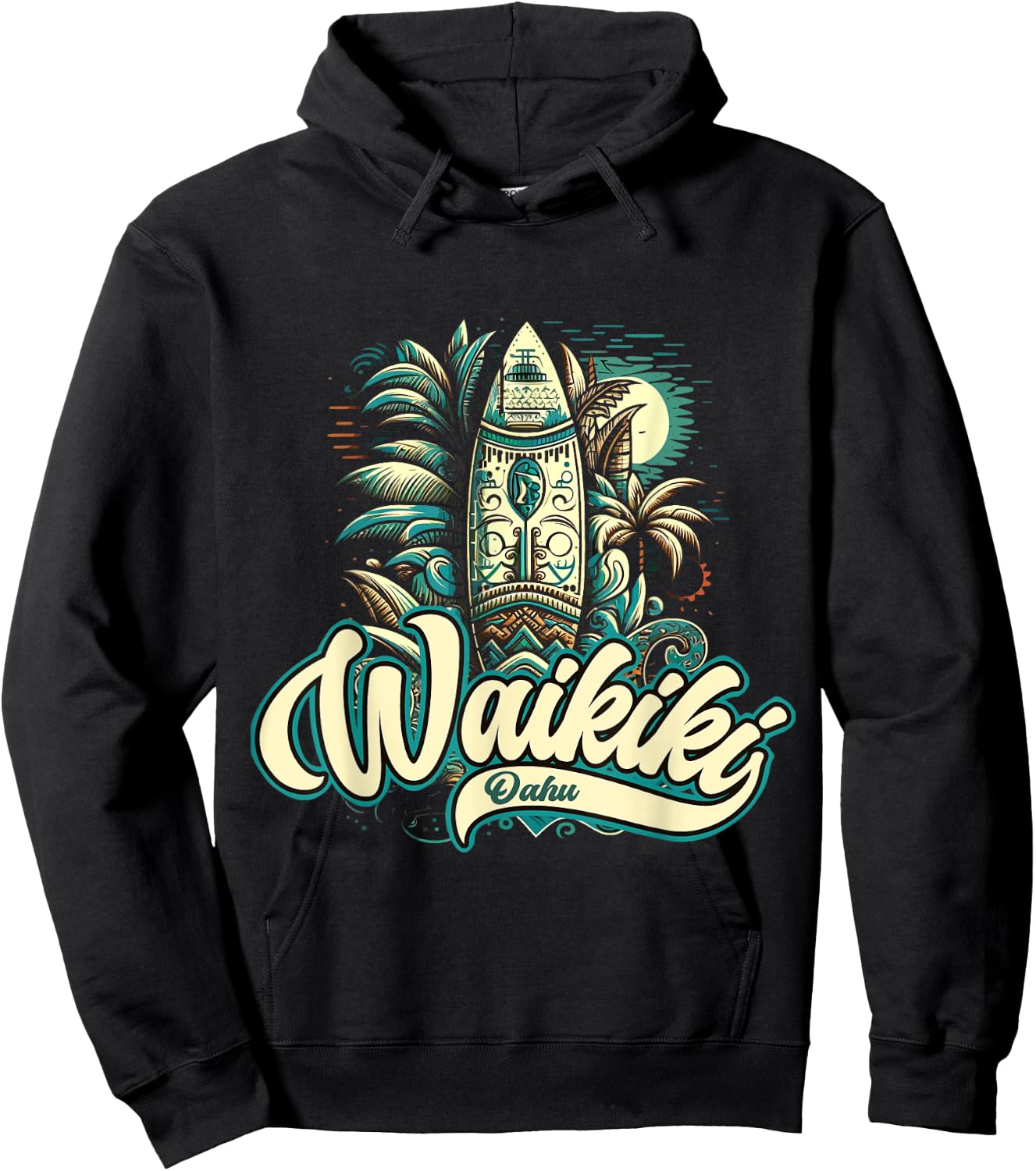 Waikiki Beach Polynesian Surf Hawaii , Black, S Hoodie - Hoodie | Black