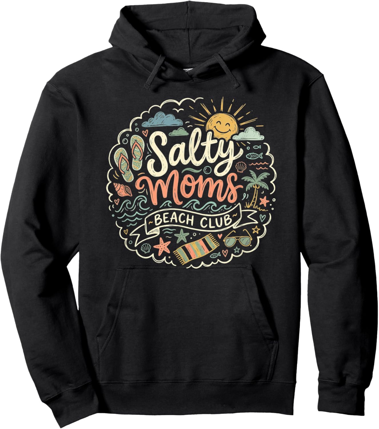 Salty Moms Beach Club Loving Mothers Coastal Doodle Art Hoodie - Hoodie | Black