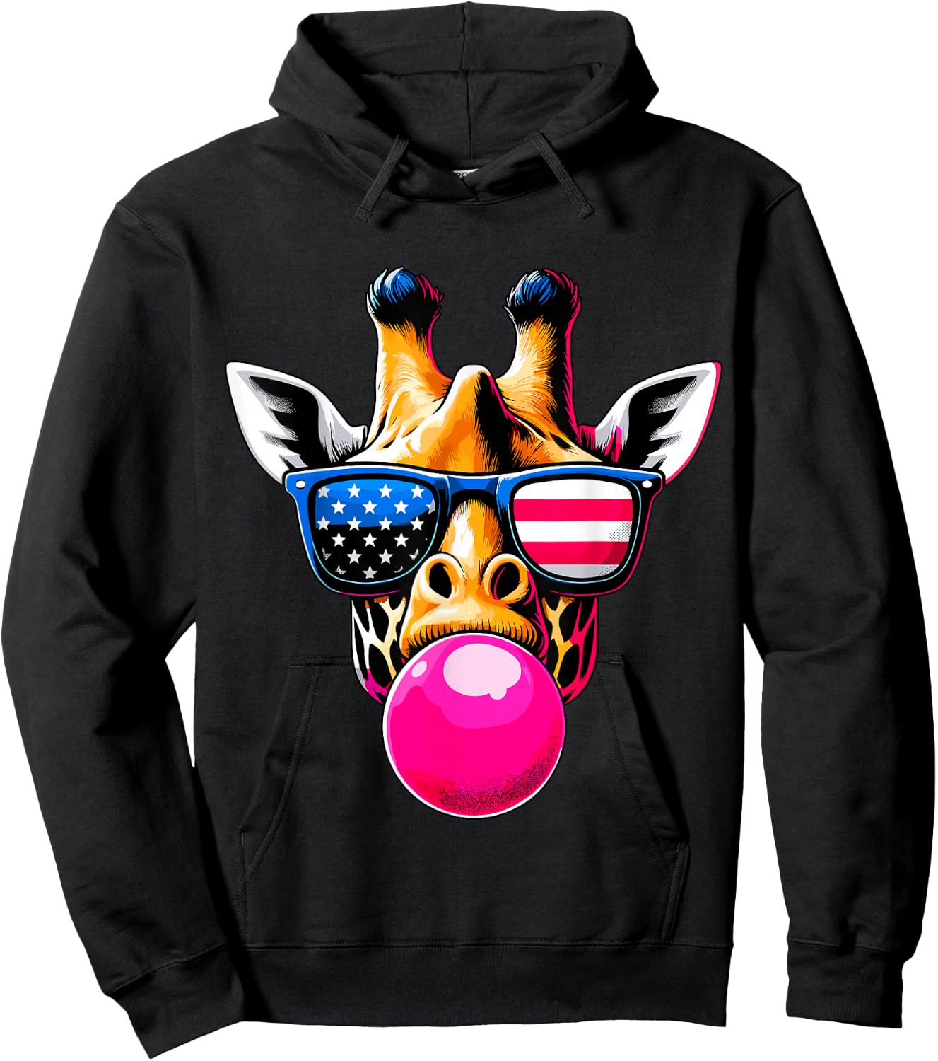 Giraffe with USA Glasses and Bubblegum 4th of July Hoodie - Hoodie | Black