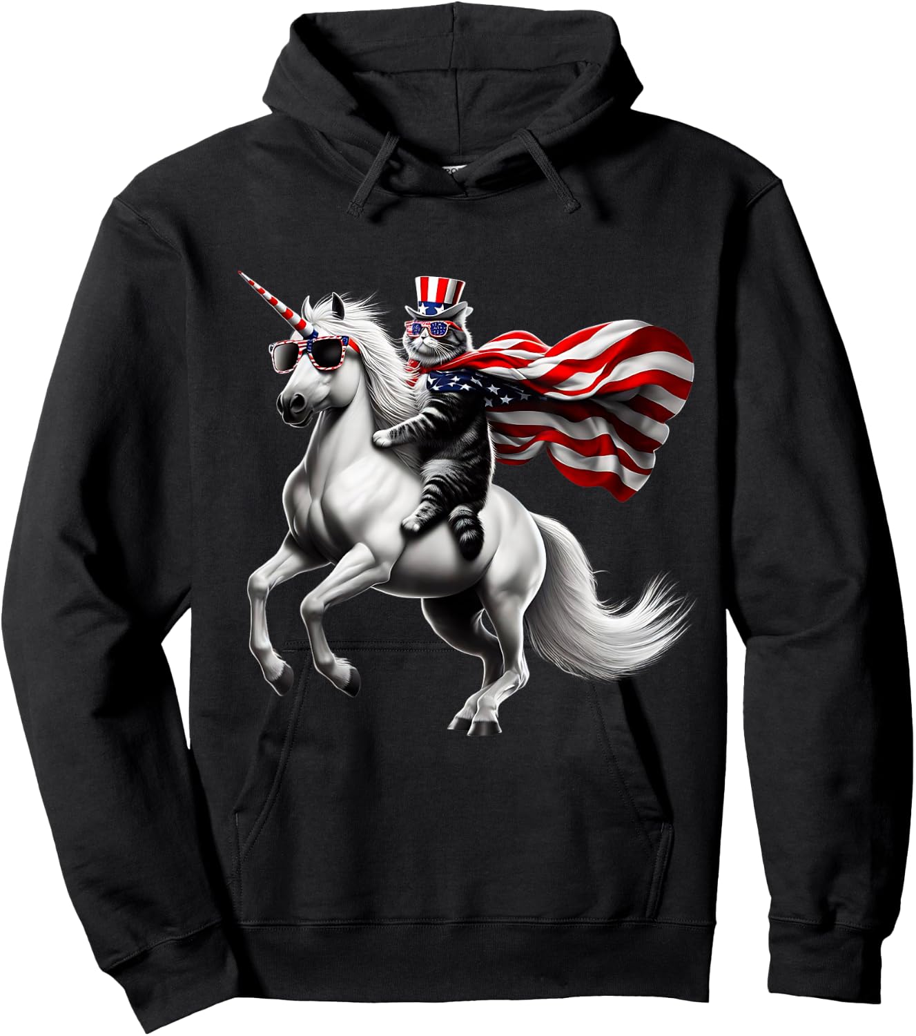 Cat riding Unicorn usa flag Patriotic 4th of July Hoodie - Hoodie | Black