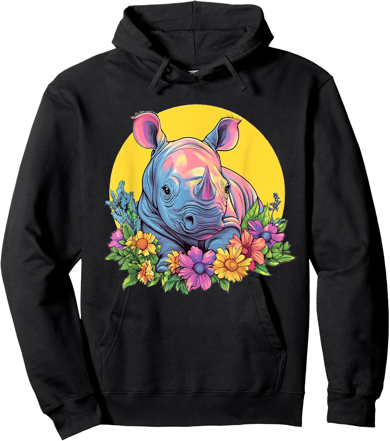 Cute Rhino With Flowers I Rhino Hoodie - Hoodie | Black