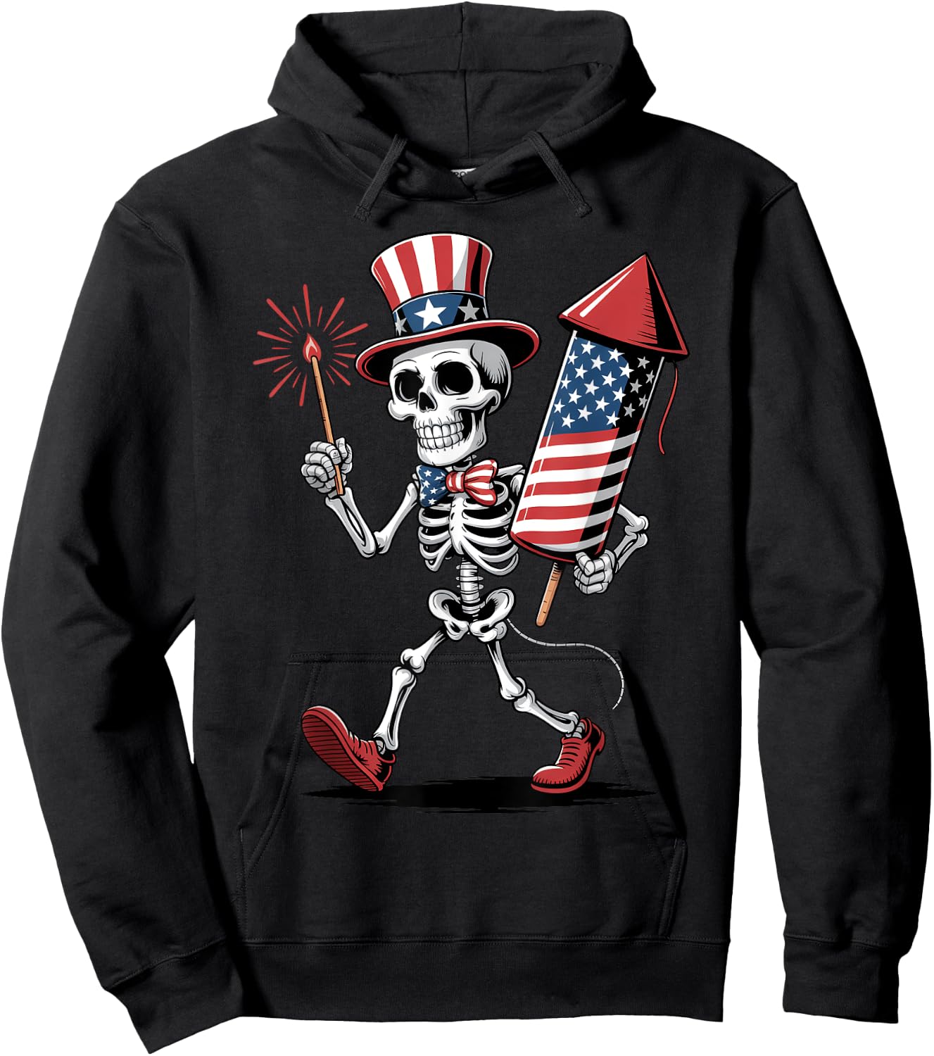 Happy 4th Of July Skeleton Holding Fireworks American Flag Hoodie - Hoodie | Black