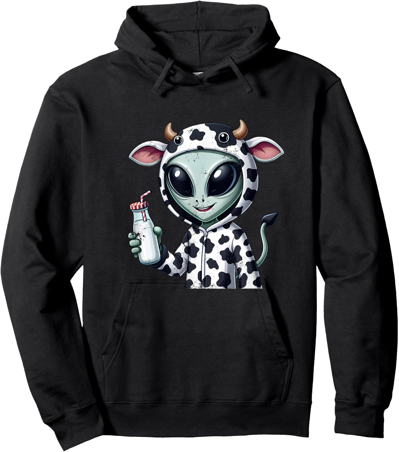 Alien in Cow Costume Holding Fresh Milk Hoodie - Hoodie | Black