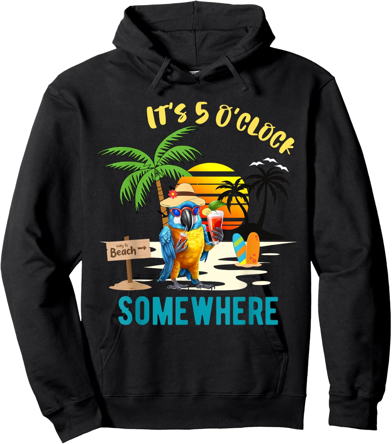 It's 5 O’clock Somewhere Parrot Sunset Drinking Hoodie - Hoodie | Black