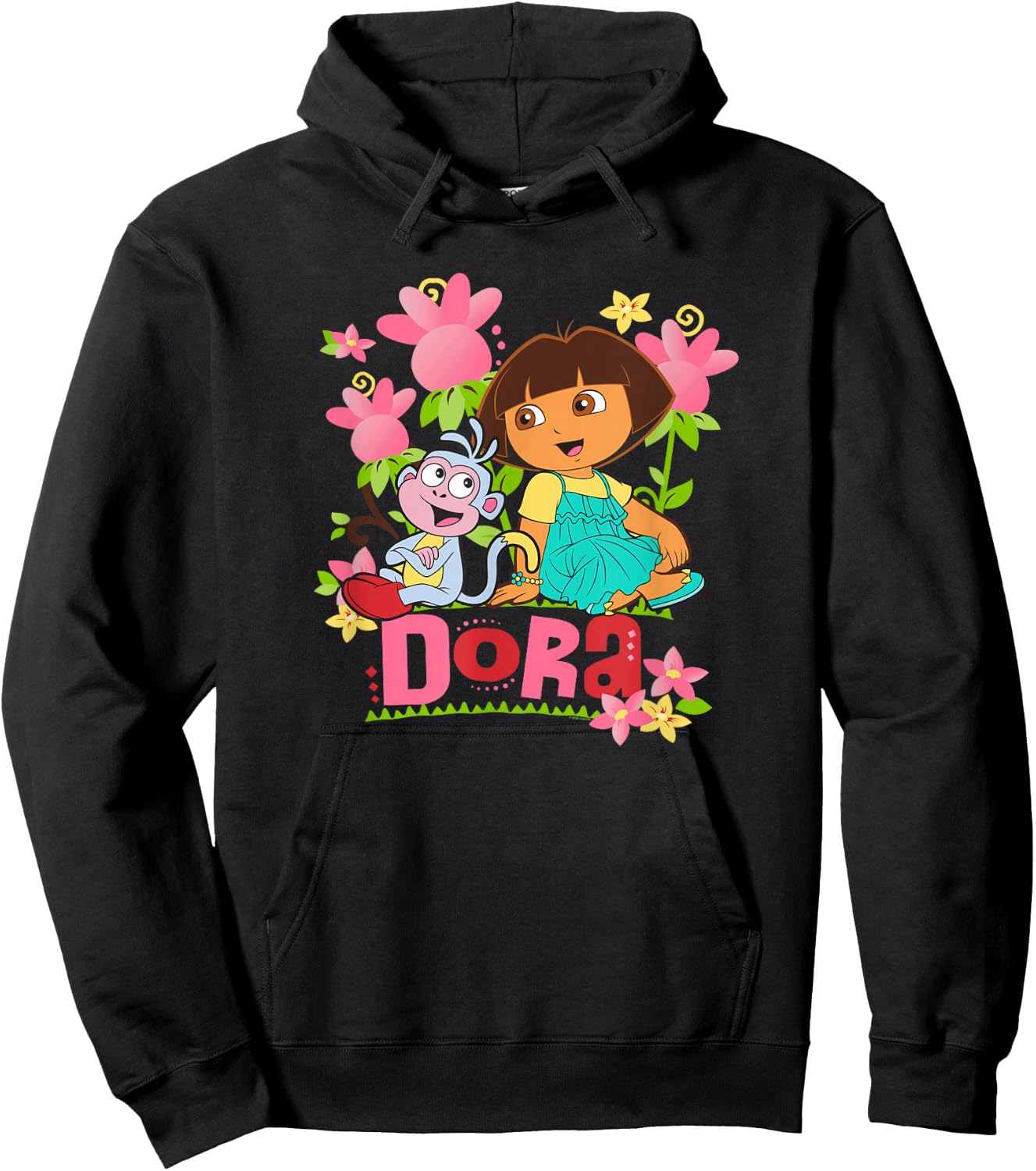 Dora The Explorer Boots Monkey Colorful Flowers , Black, S Hoodie - Hoodie | Black