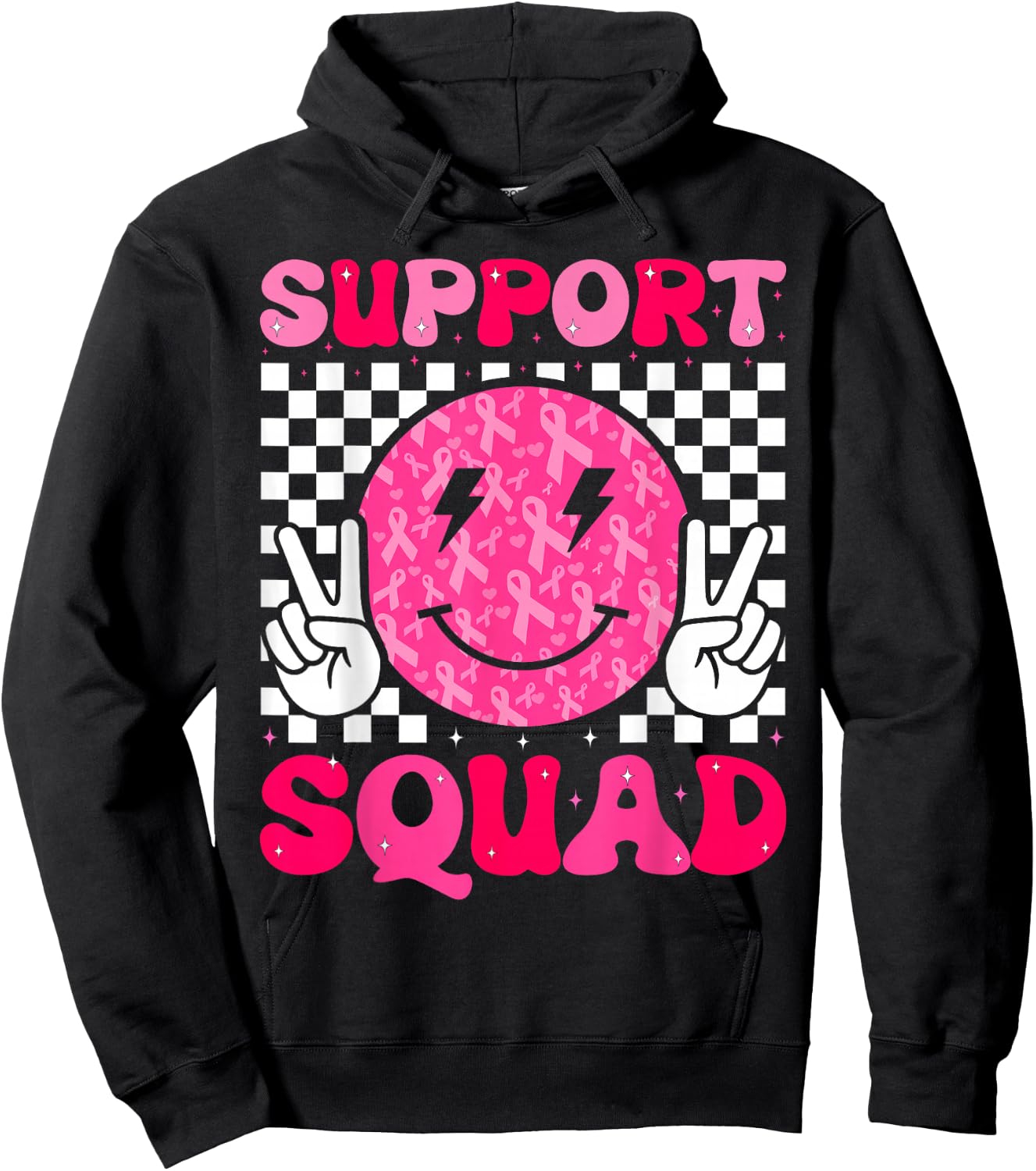 Retro Groovy Support Squad Kid Girl Breast Cancer Awareness Hoodie - Hoodie | Black