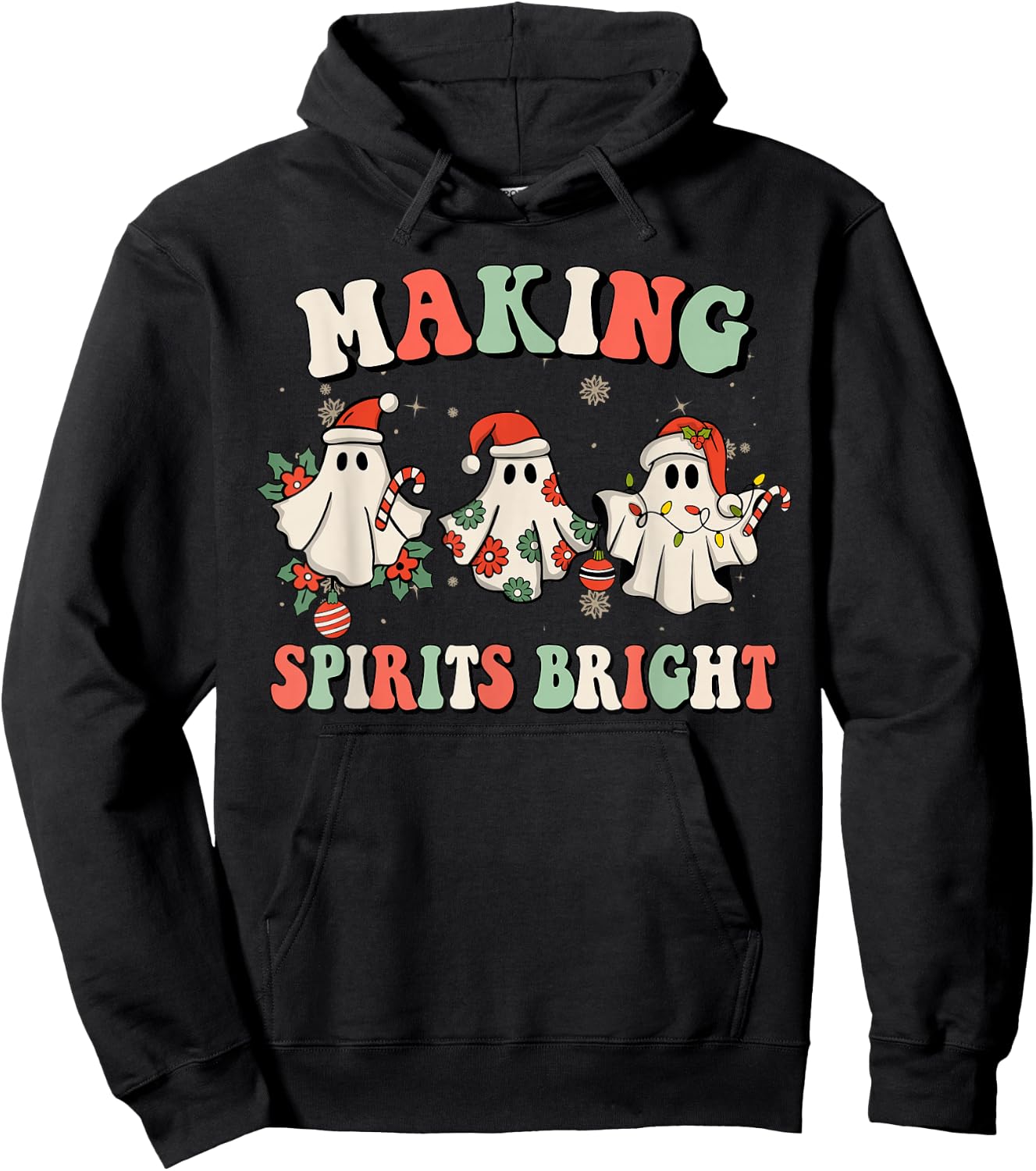 Retro Groovy Christmas Ghost Making Spirits Bright Pajamas Hoodie - Hoodie | Black